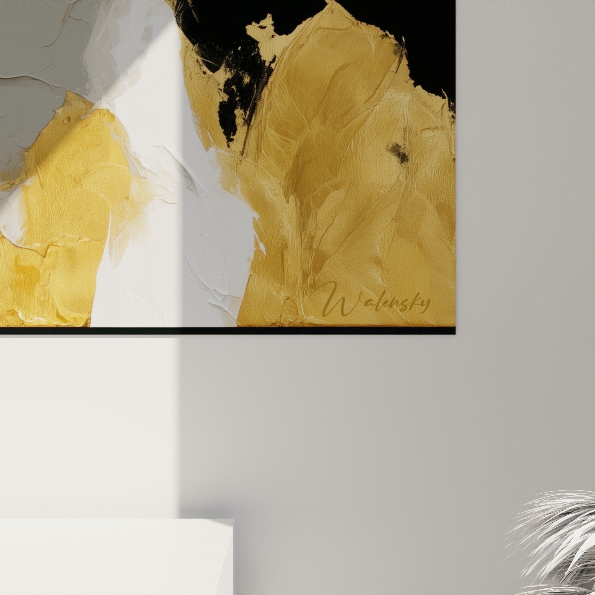 Détail des empâtements dorés et blancs du Fennec, matière épaisse et coulures visibles