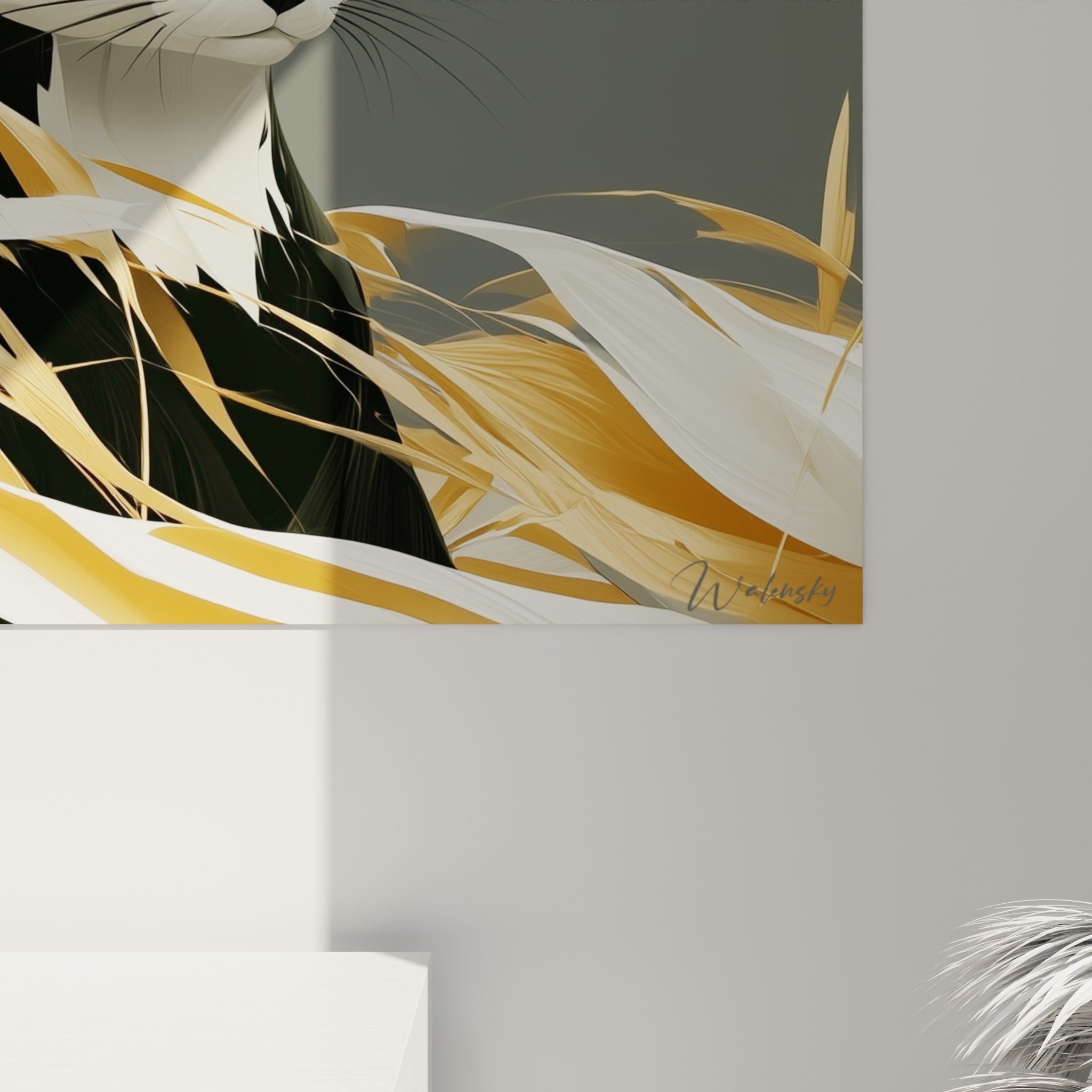 Détail de la toile montrant les fibres dorées et blanches du pelage du fennec, textures fines et contrastées
