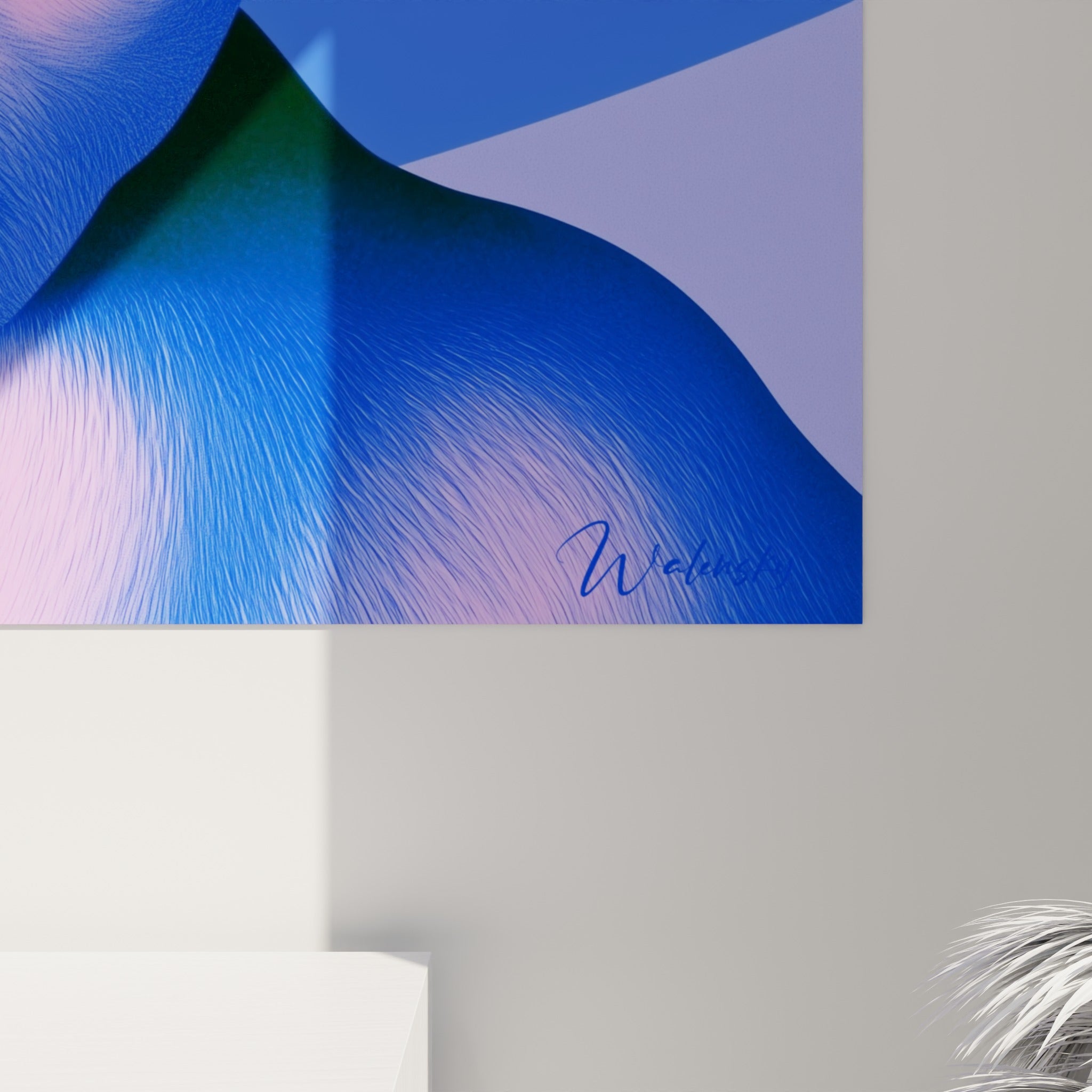 Détail des traits fins du pelage bleu et rose du fennec, grain et dégradés visibles sur la toile