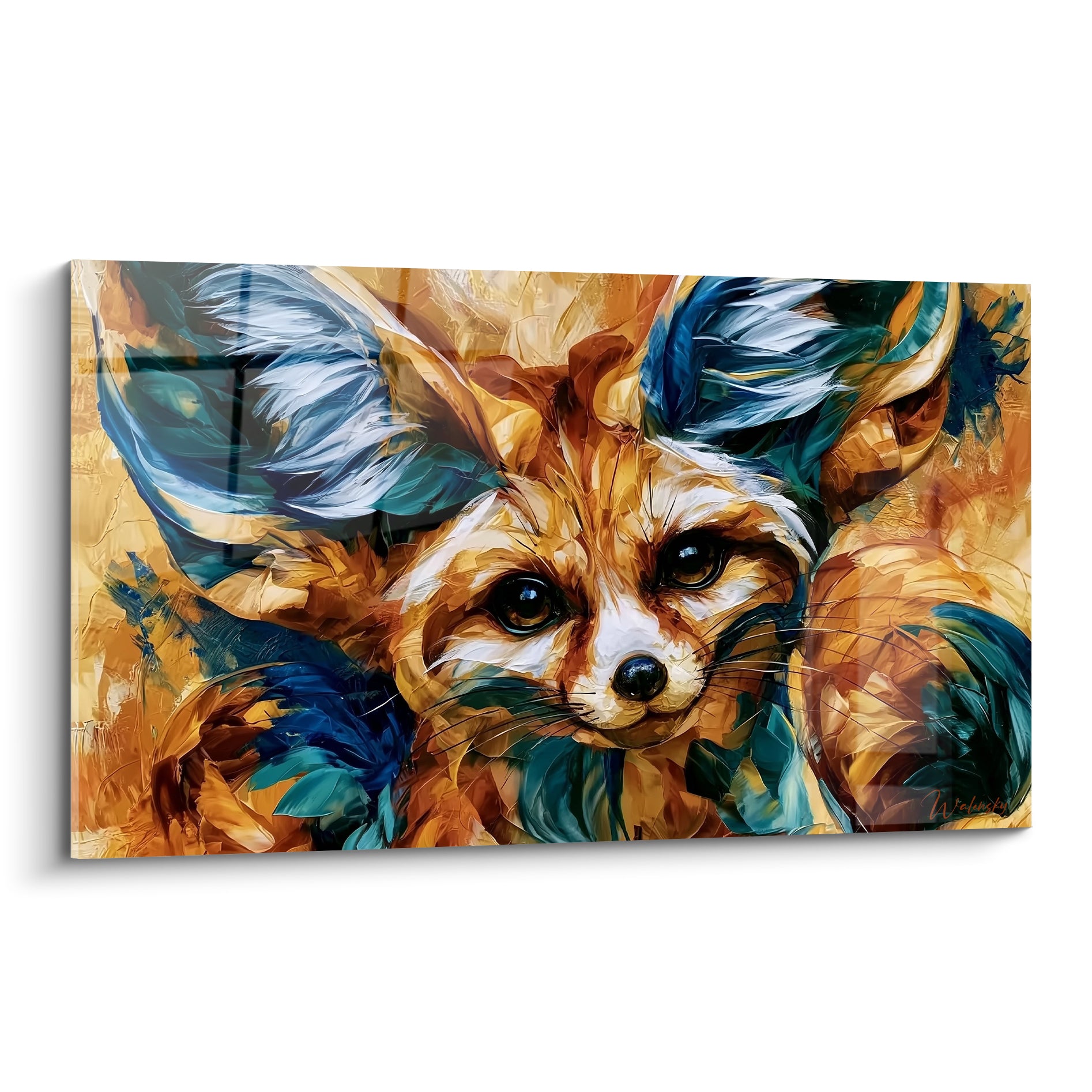 Fennec doré aux oreilles bleu pétrole, regard perçant peint en gros empâtements expressifs
