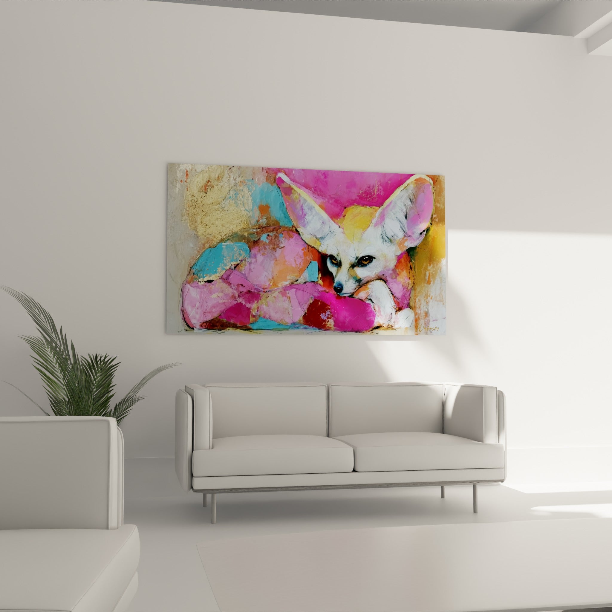 Museau noir et oreilles fuchsia du fennec surplombant un canapé dans un salon lumineux