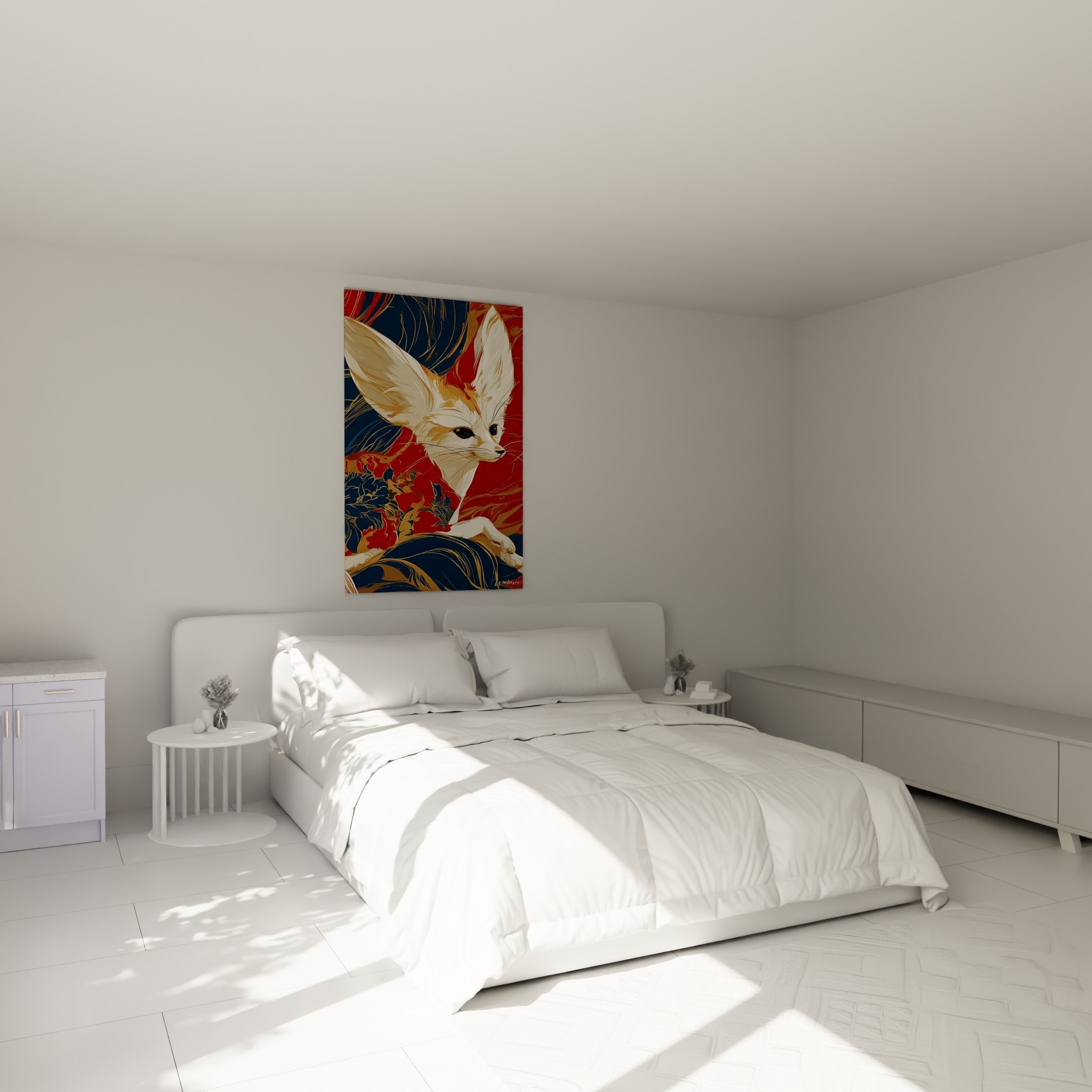 Regard intense du fennec doré, rouge et bleu marine, au-dessus d'un lit dans une chambre claire
