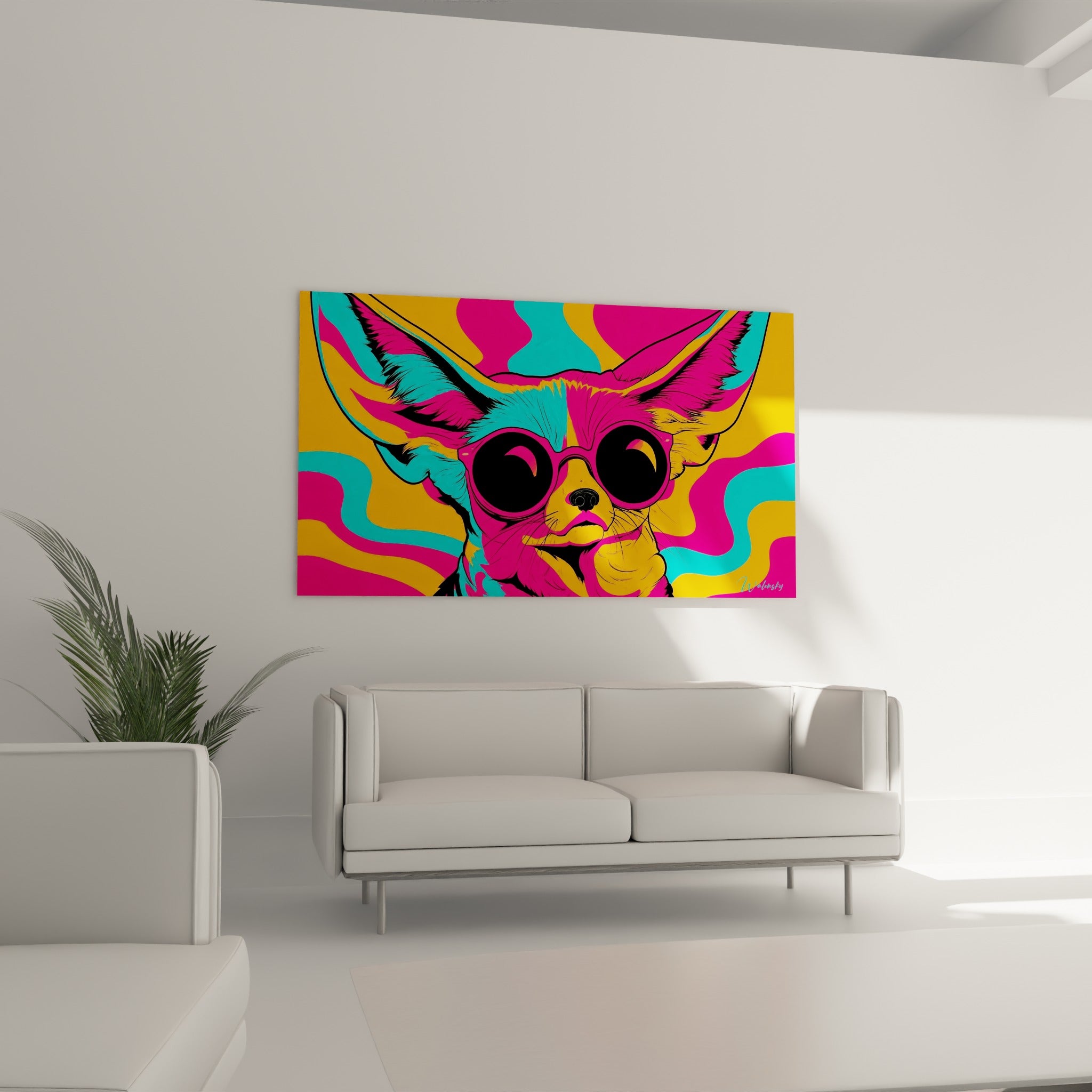 Portrait pop art du fennec en fuchsia et doré placé au-dessus d'un canapé dans un salon lumineux