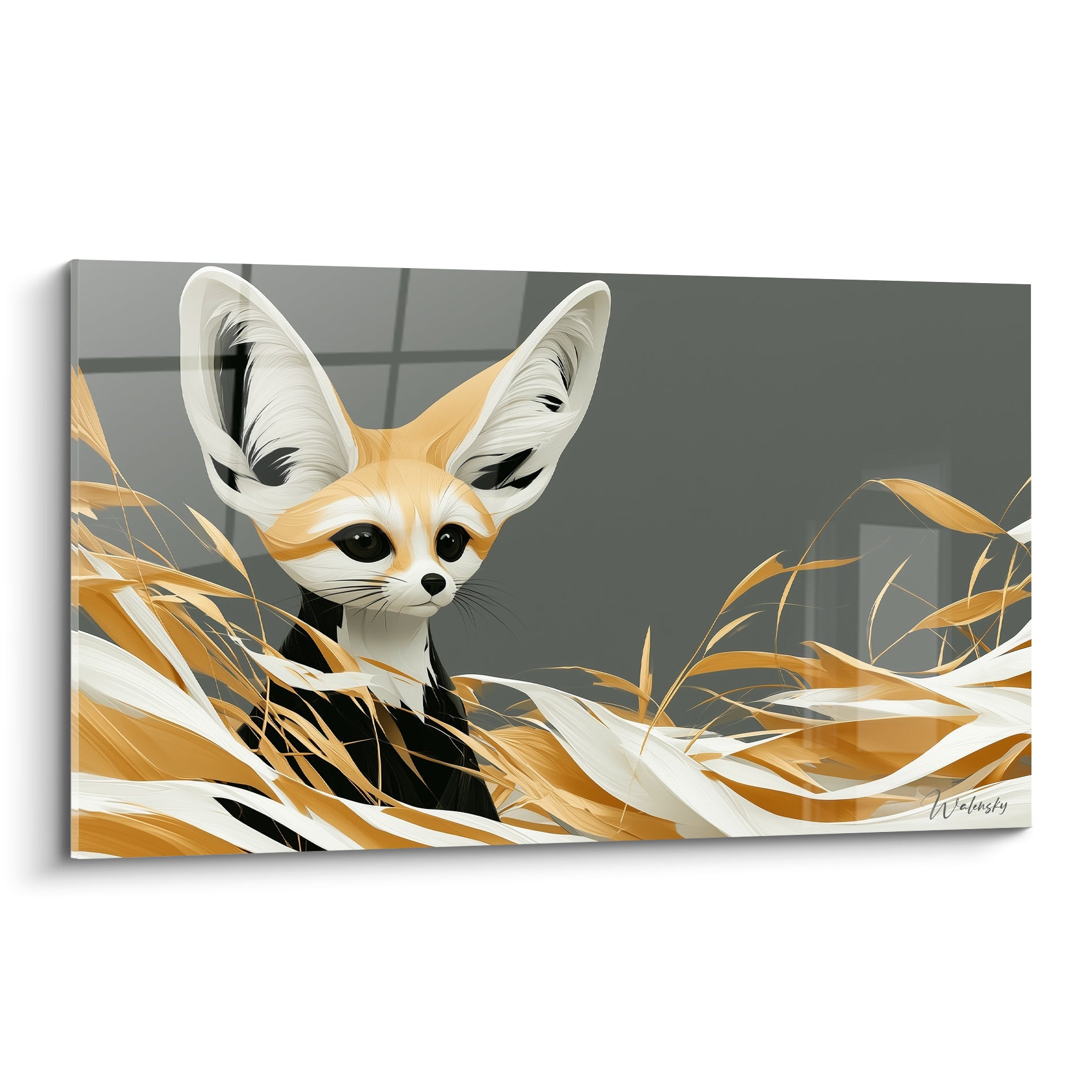 Fennec au pelage doré et blanc, oreilles dressées, sur fond anthracite parmi des herbes stylisées