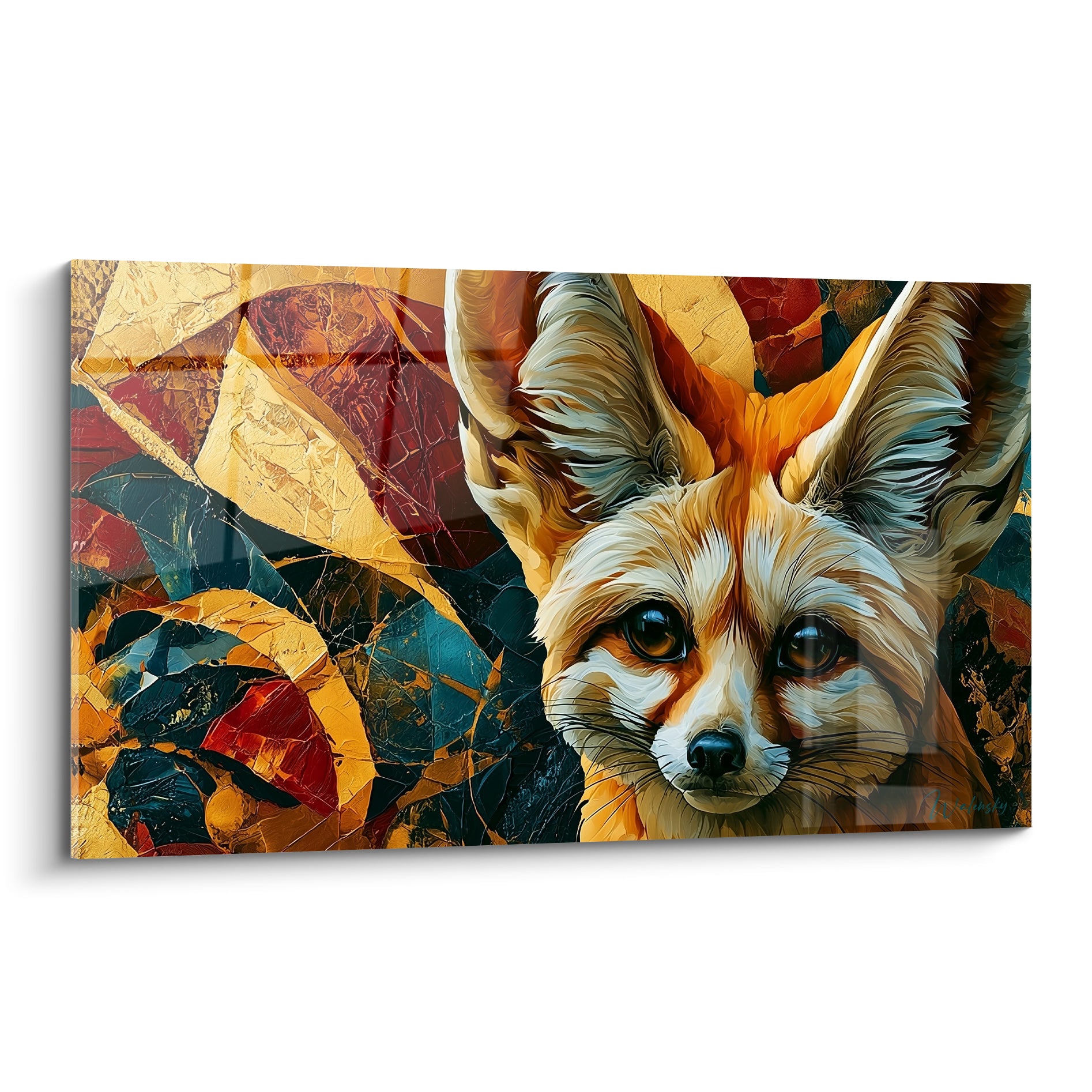 Fennec au pelage doré et blanc, regard perçant, fond géométrique rouge et bleu pétrole