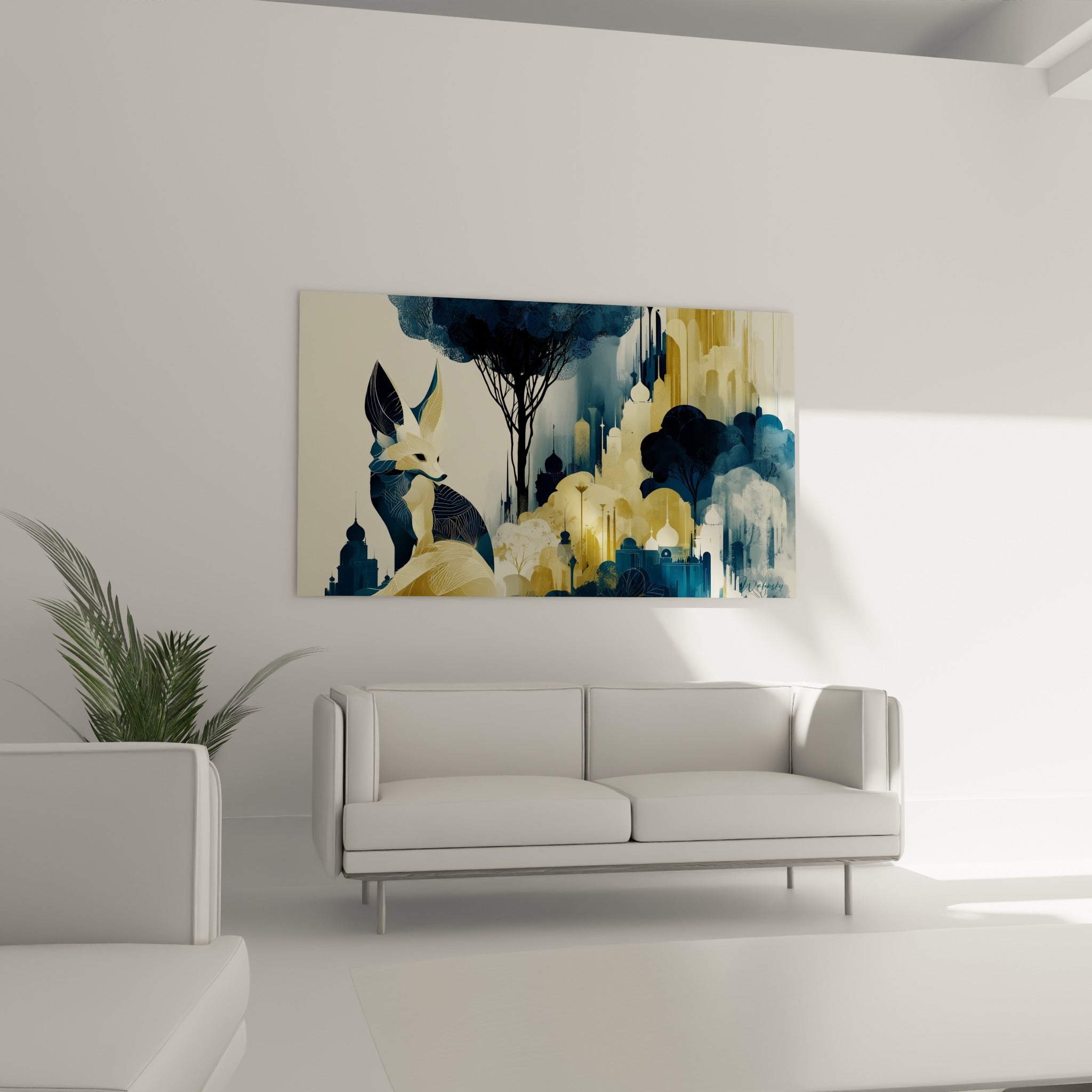 Regard du fennec doré vers une cité imaginaire, toile placée au-dessus d'un canapé dans un salon lumineux