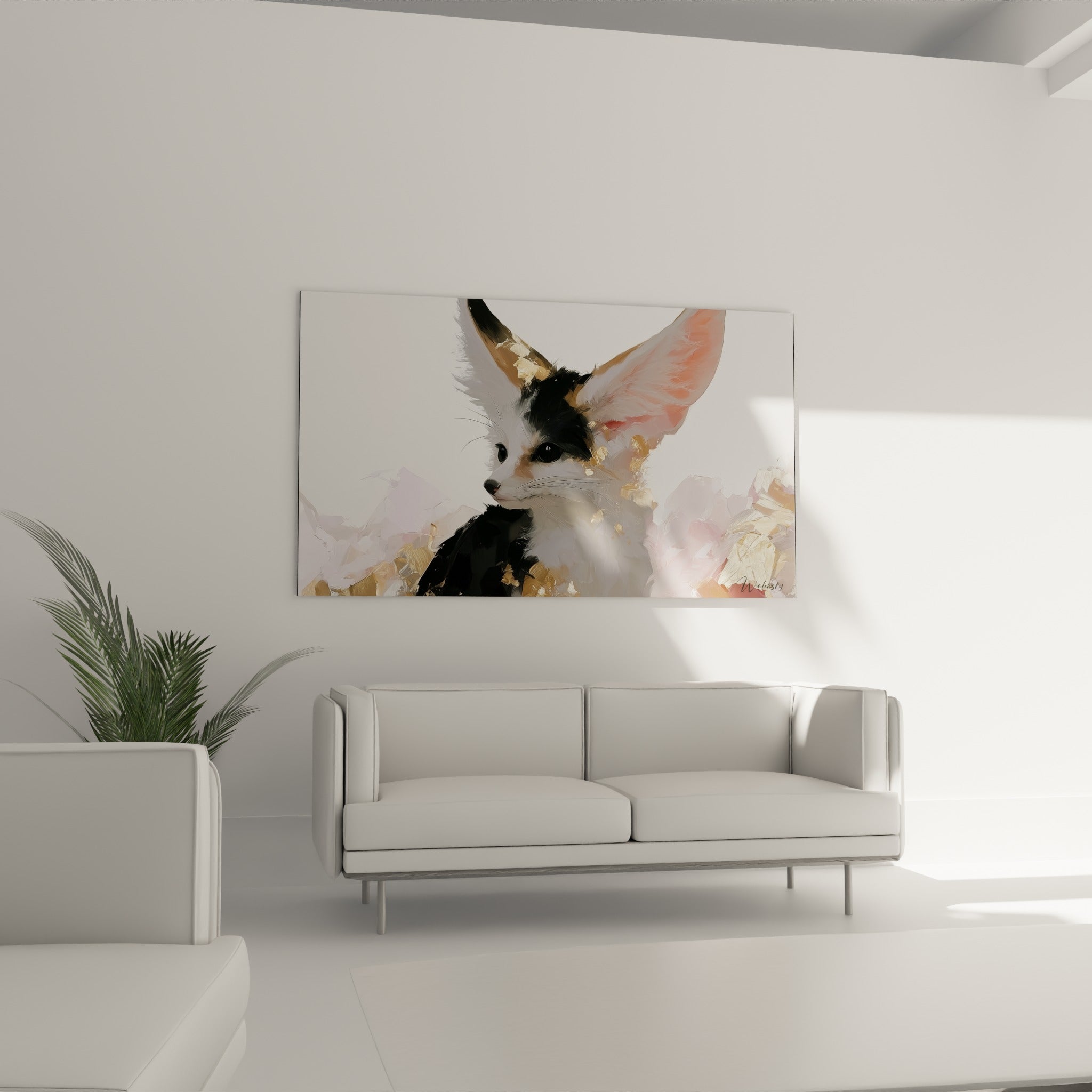Museau blanc et oreilles roses d'un fennec peint, placé au-dessus d'un canapé dans un salon lumineux