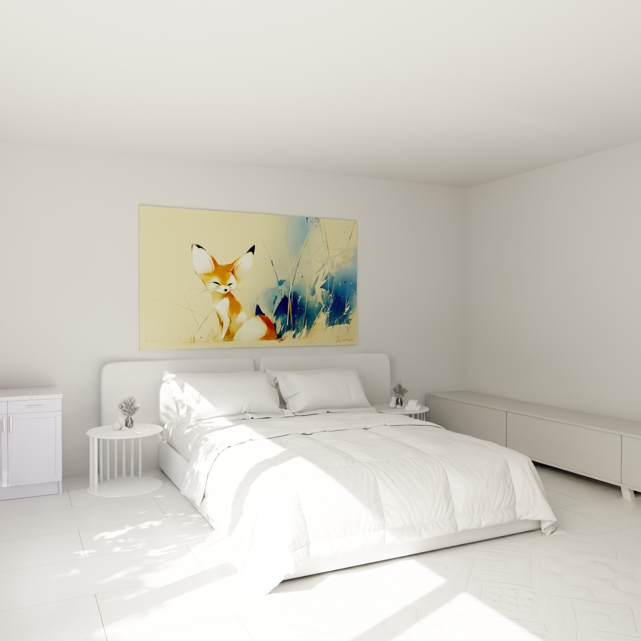 Animal du désert aux oreilles dressées, tons ocre et bleu marine, au-dessus d'un lit dans une chambre claire