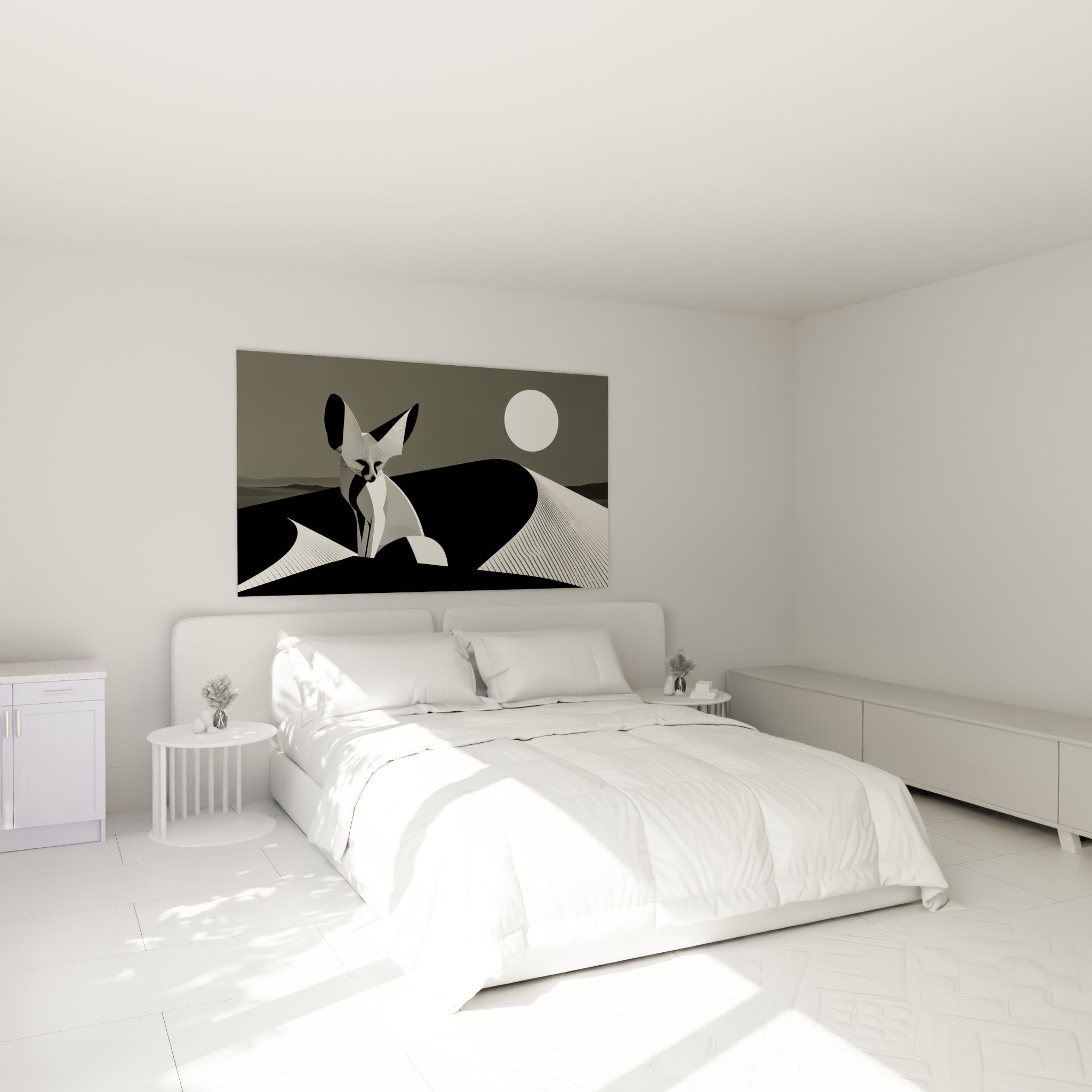 Silhouette de fennec anthracite et blanc surplombant des dunes, au-dessus d'un lit dans une chambre claire