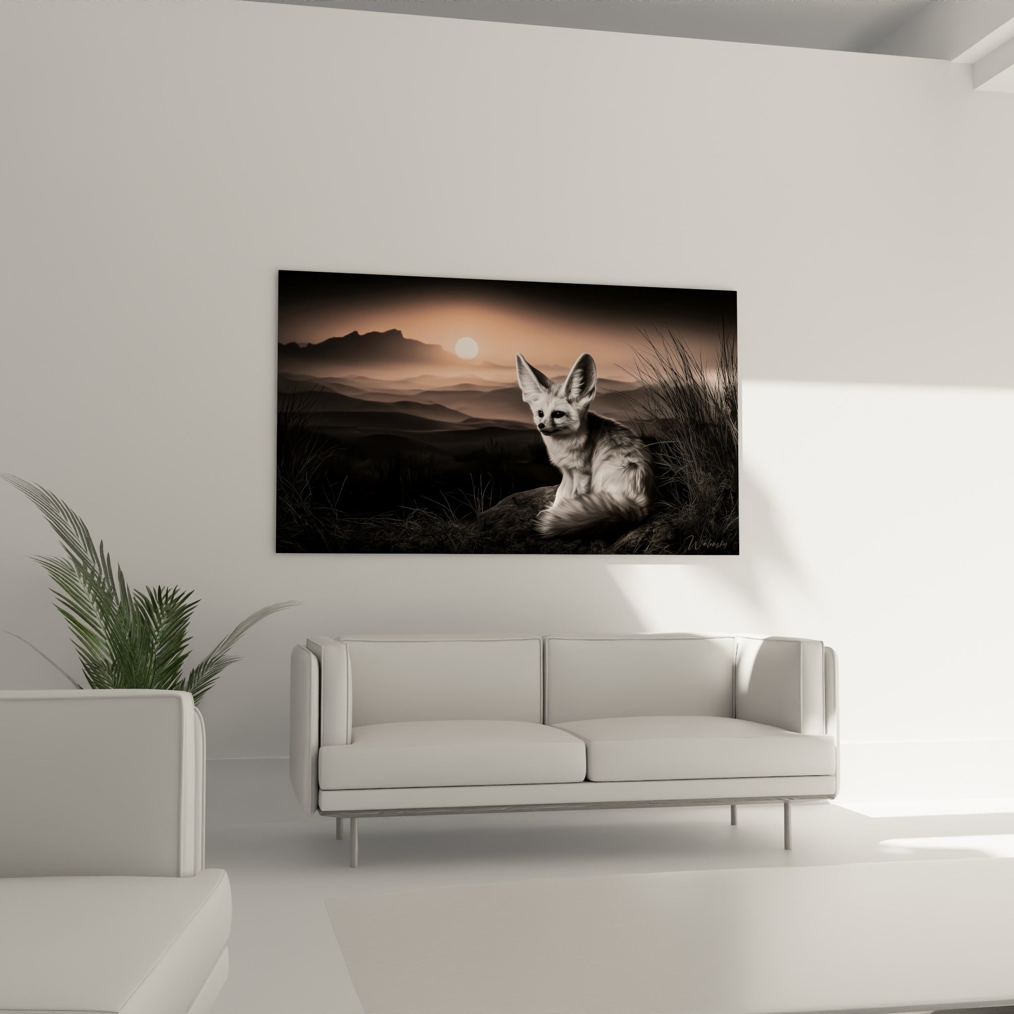 Silhouette de fennec sur un rocher, dunes anthracite et lumière corail, au-dessus d'un canapé dans un salon lumineux