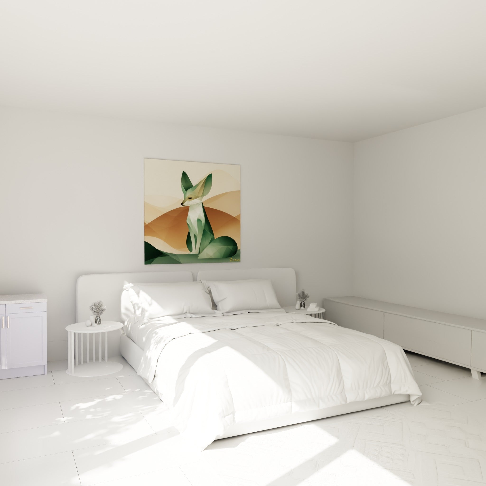 Fennec stylisé aux teintes vert émeraude et terracotta, accroché au-dessus d'un lit dans une chambre claire
