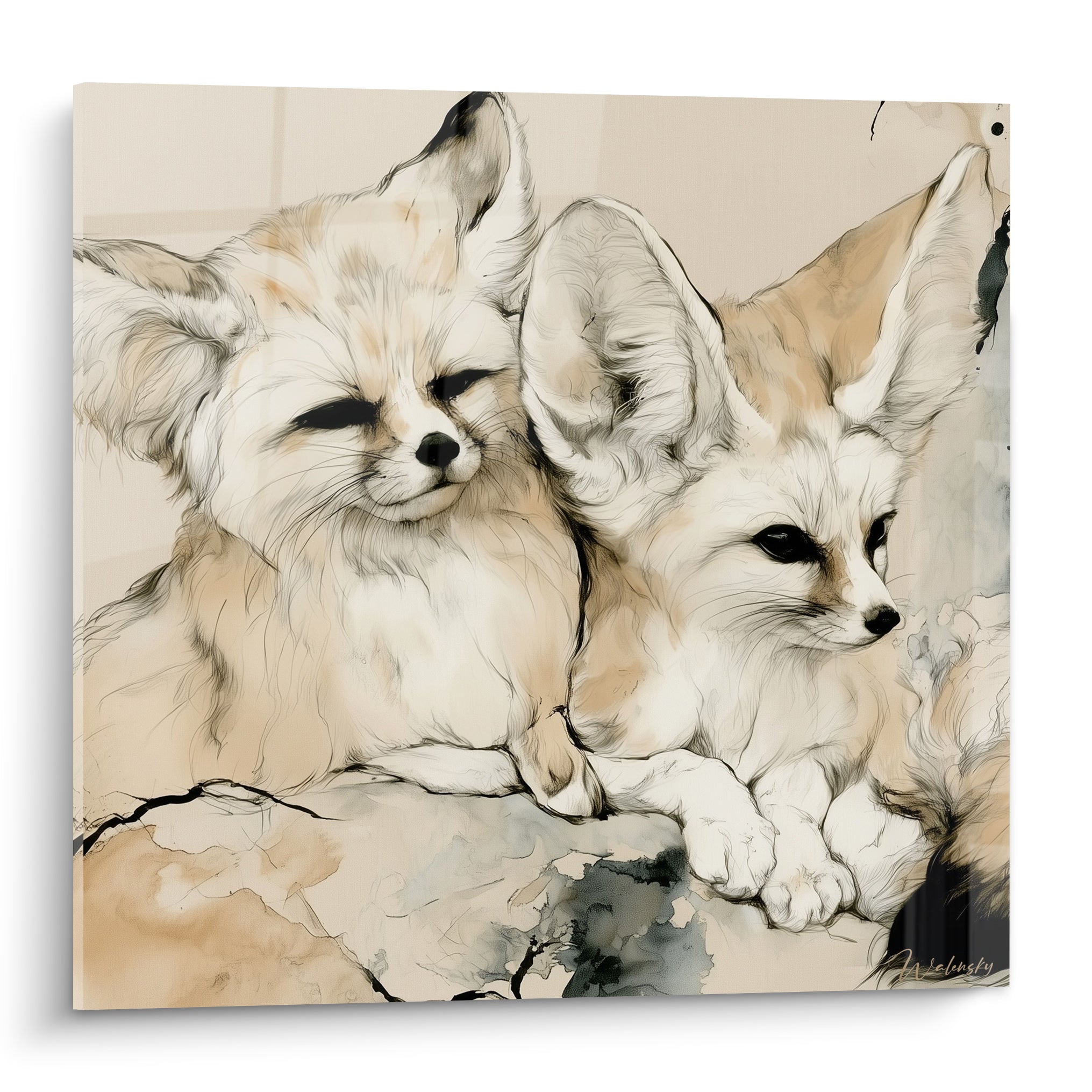 Fennecs blottis l'un contre l'autre, pelage beige et sable, traits anthracite esquissés à l'encre