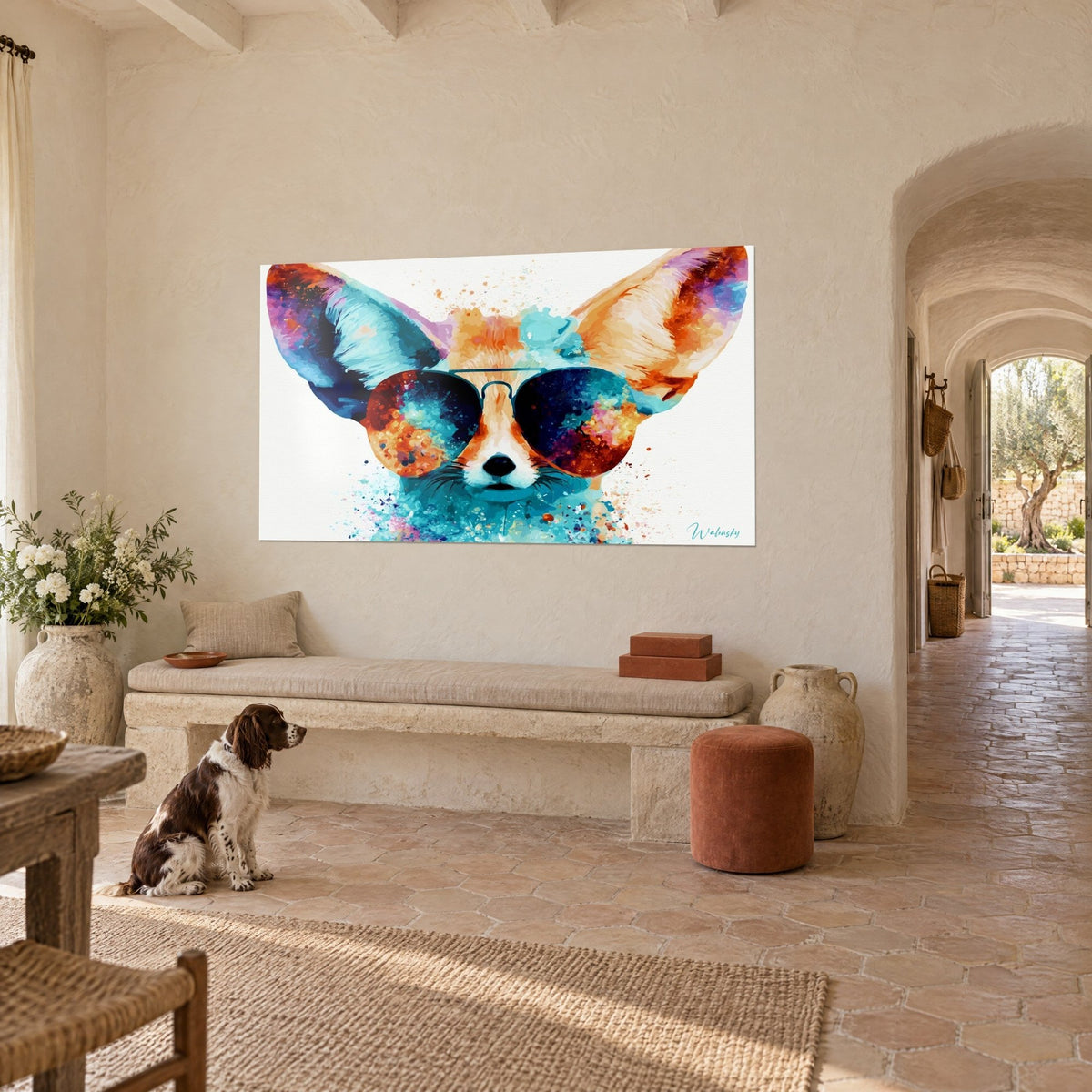 Quadro volpe del deserto in acquerello arancio e blu, occhiali da sole che riflettono nebulose, con uno spaniel, casale provenzale