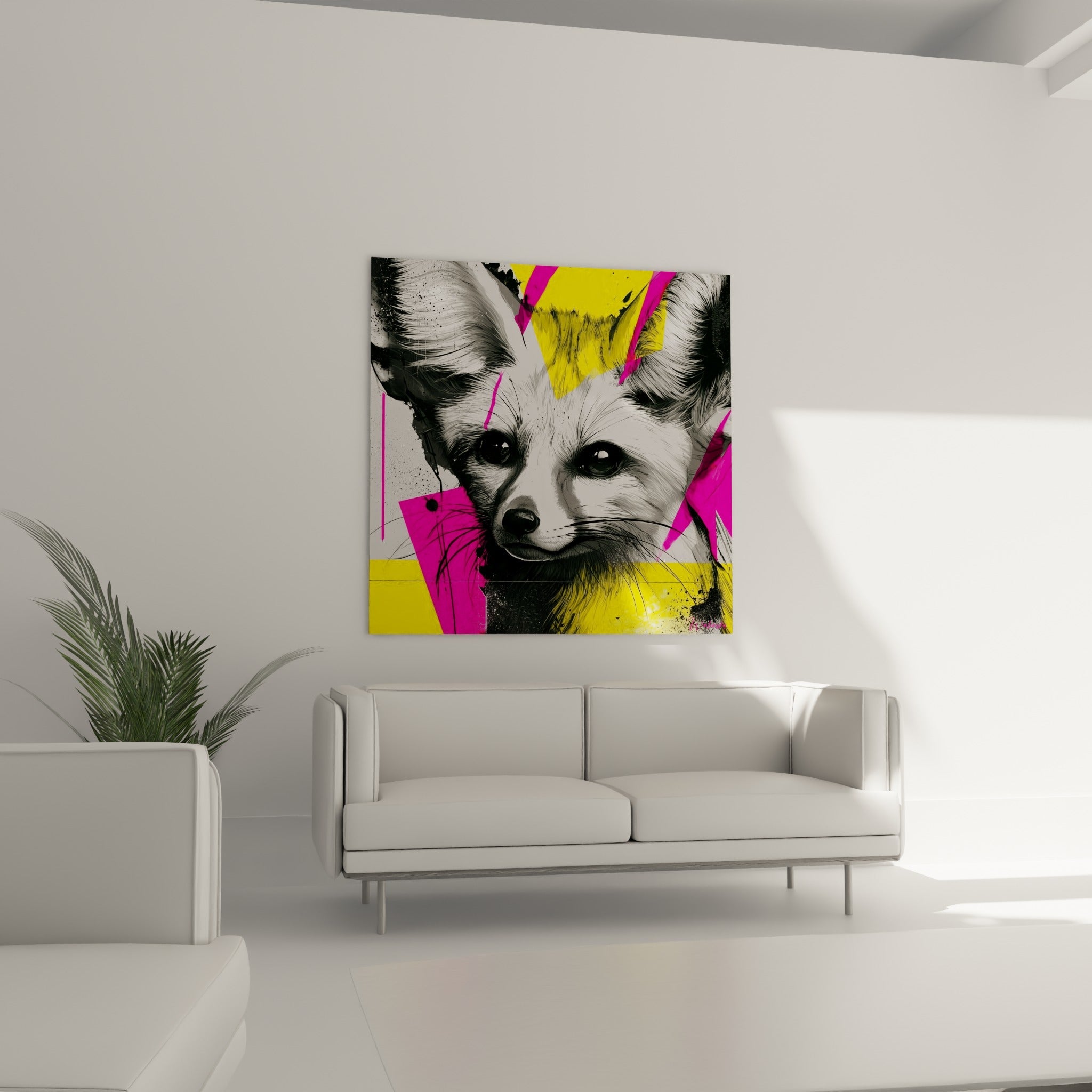 Portrait animalier graphique en gris et fuchsia, coulures noires, au-dessus d'un canapé dans un salon lumineux