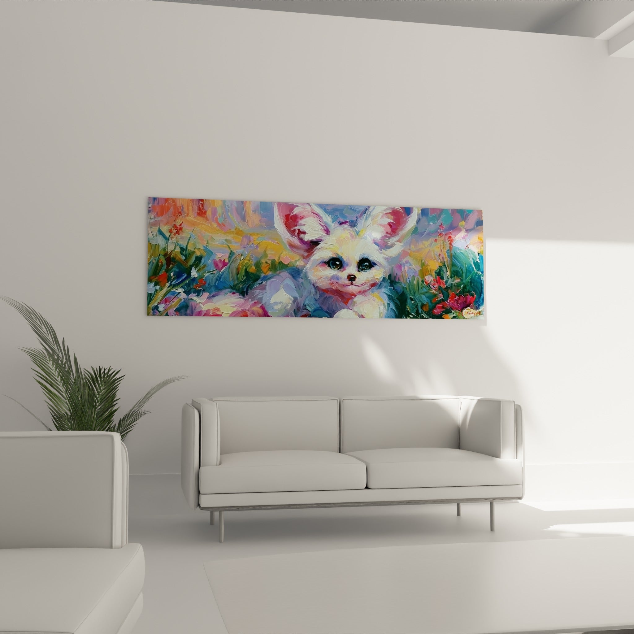 Petit fennec crème et rose niché dans des fleurs vertes et orangées, au-dessus d'un canapé dans un salon lumineux