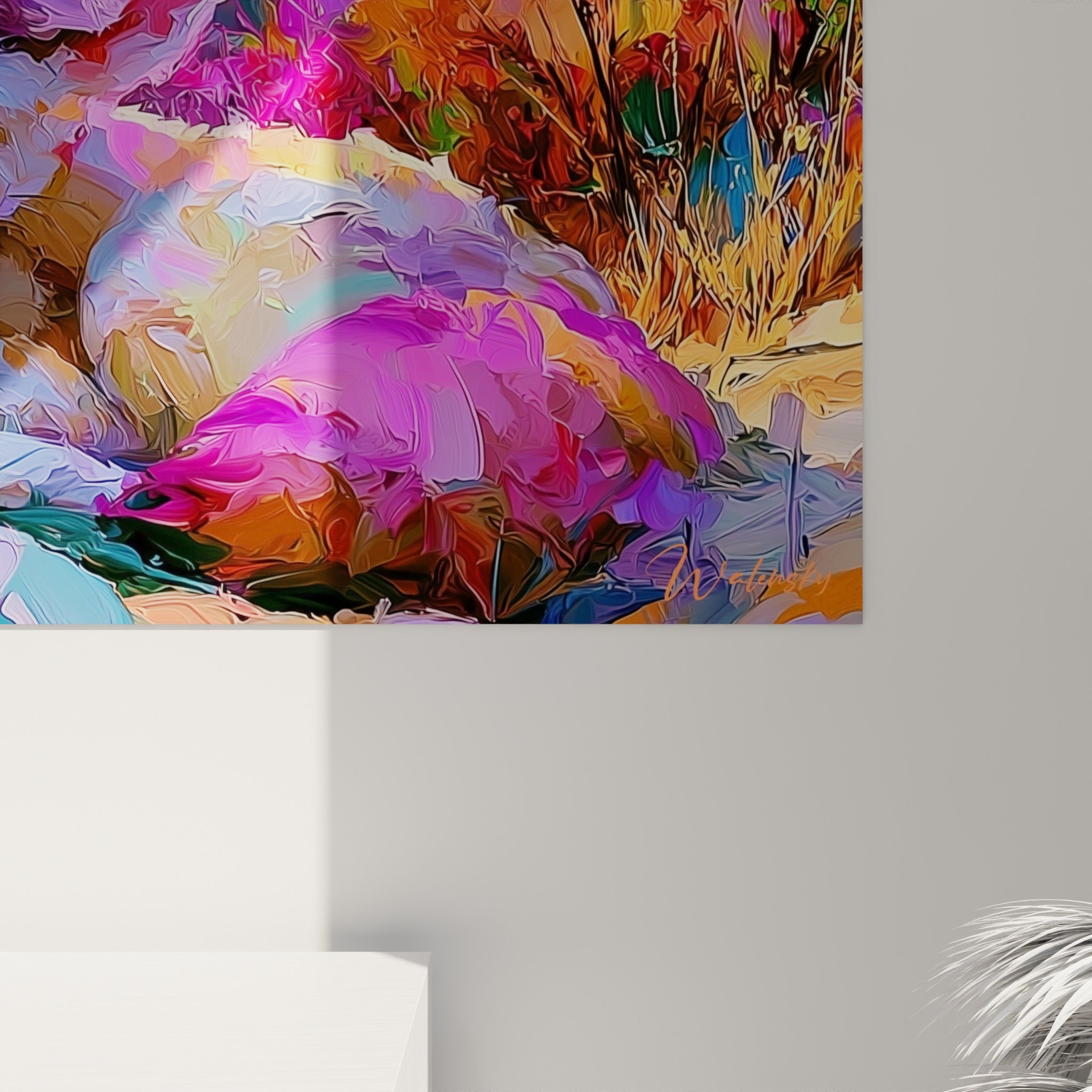 Empâtements colorés en rose, orange et bleu formant le pelage et les rochers du fennec de près