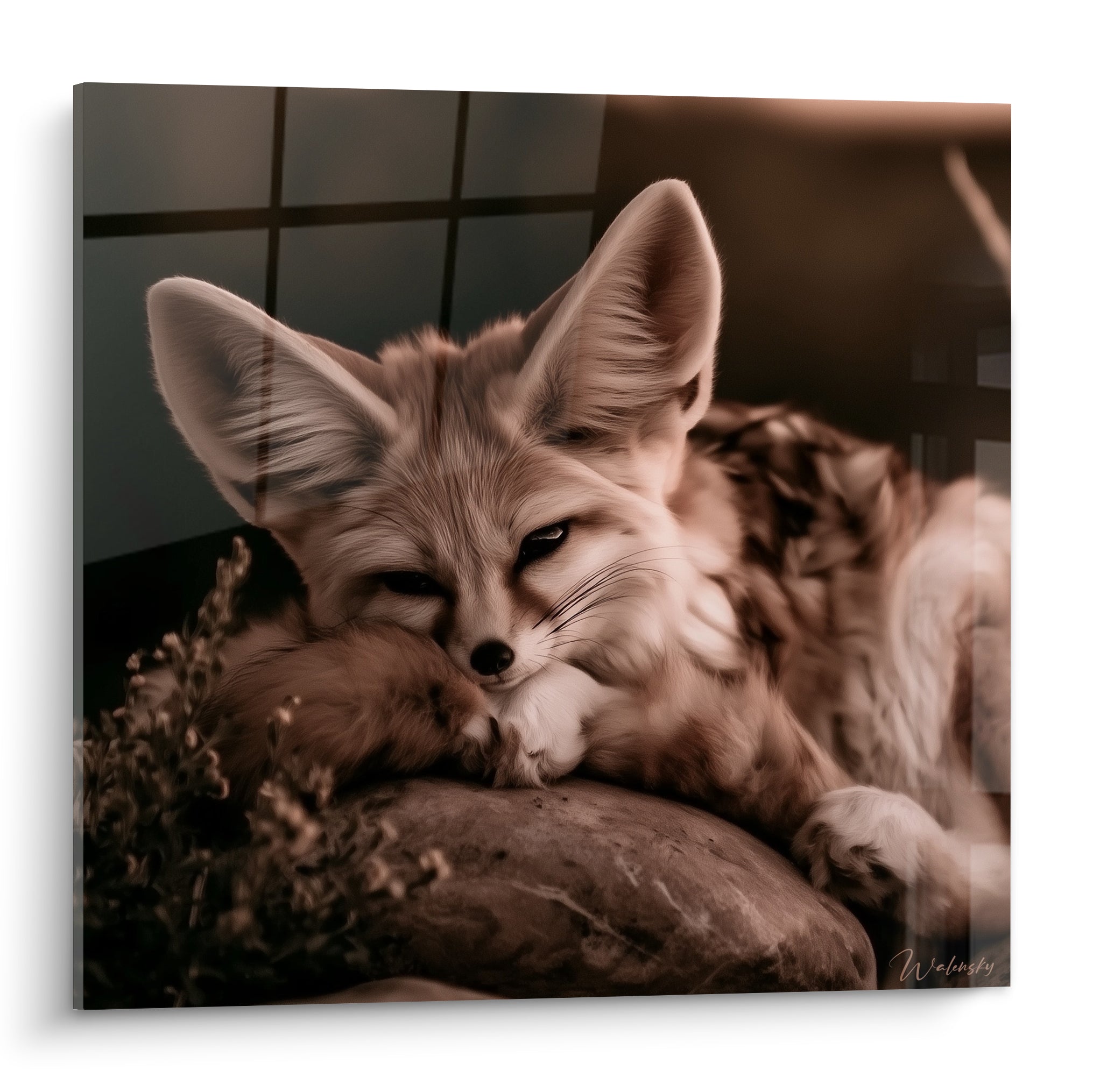 Fennec beige et brun endormi, tête posée sur ses pattes, oreilles dressées, fond sombre