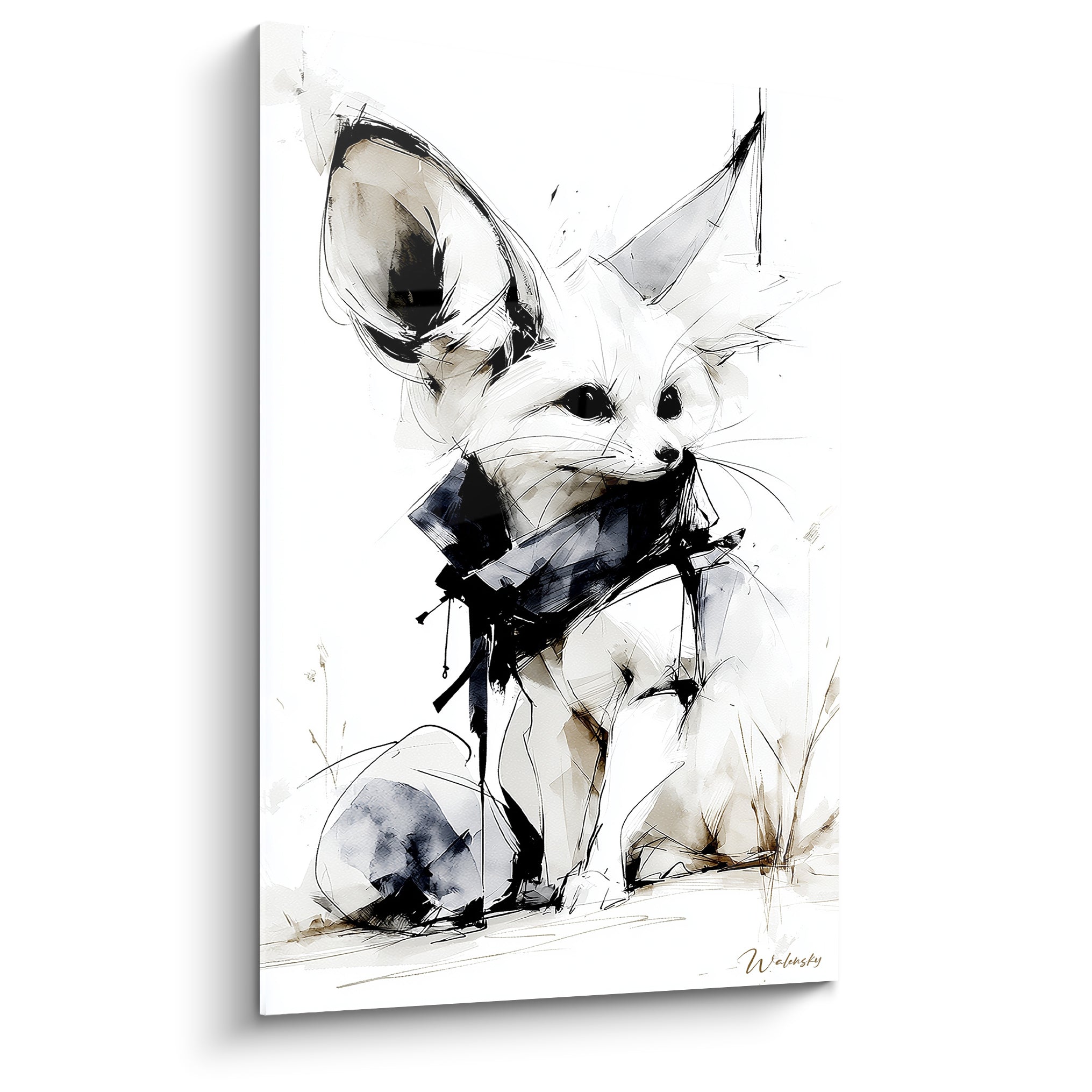 Fennec assis oreilles dressées, pelage blanc et écharpe anthracite, style esquissé à l'encre