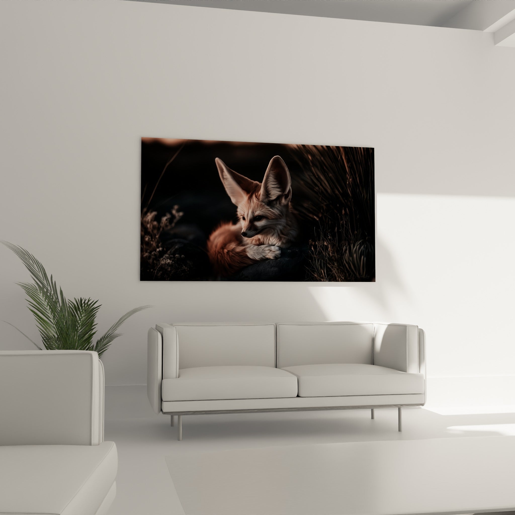 Oreilles dressées du fennec fauve et terracotta au-dessus d'un canapé dans un salon lumineux