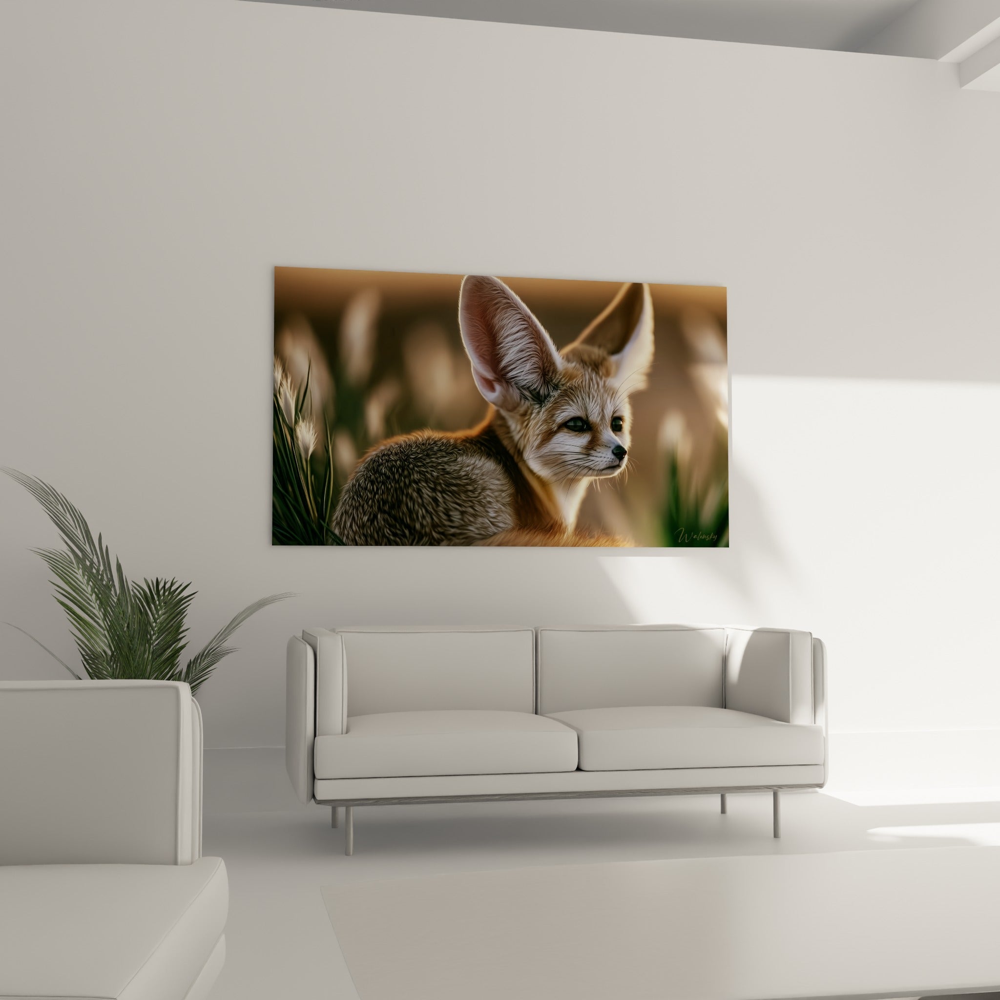 Fennec au pelage ocre et regard sombre, disposé au-dessus d'un canapé dans un salon lumineux