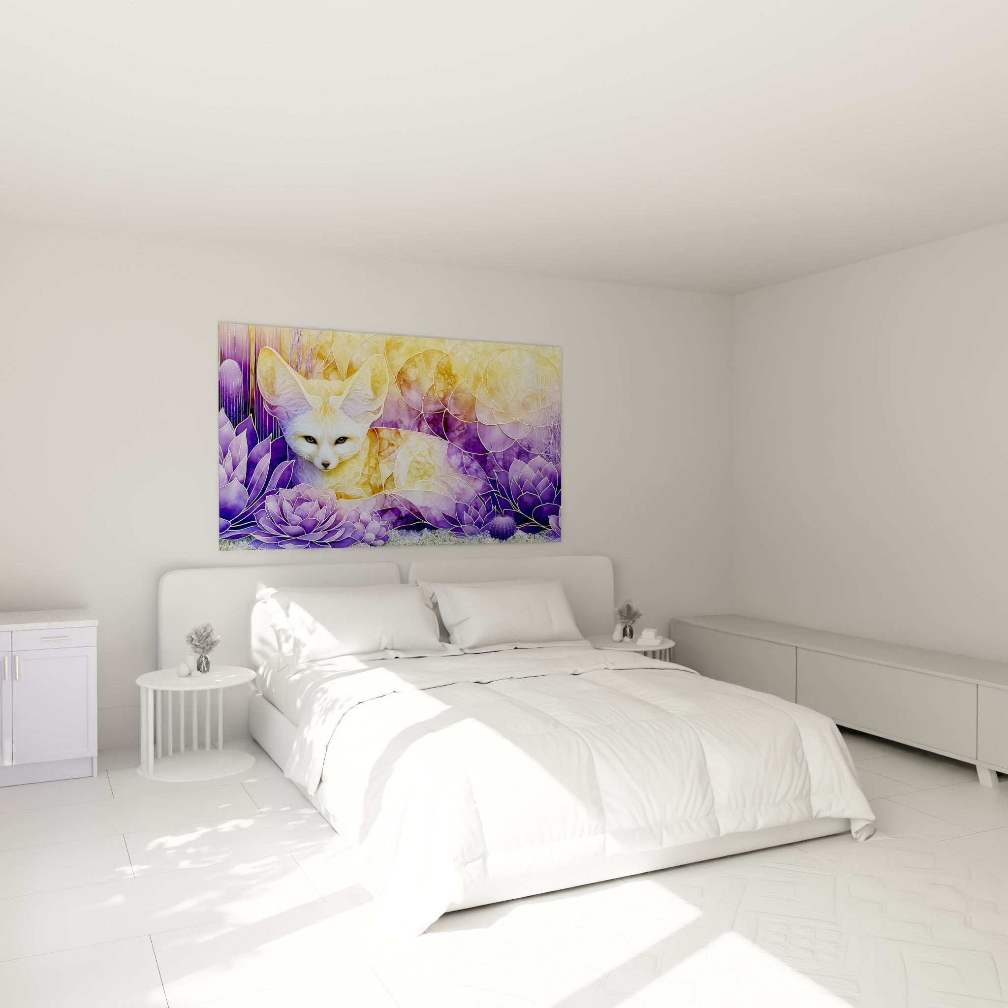 Regard doux du fennec crème parmi les fleurs violettes, au-dessus d'un lit dans une chambre claire
