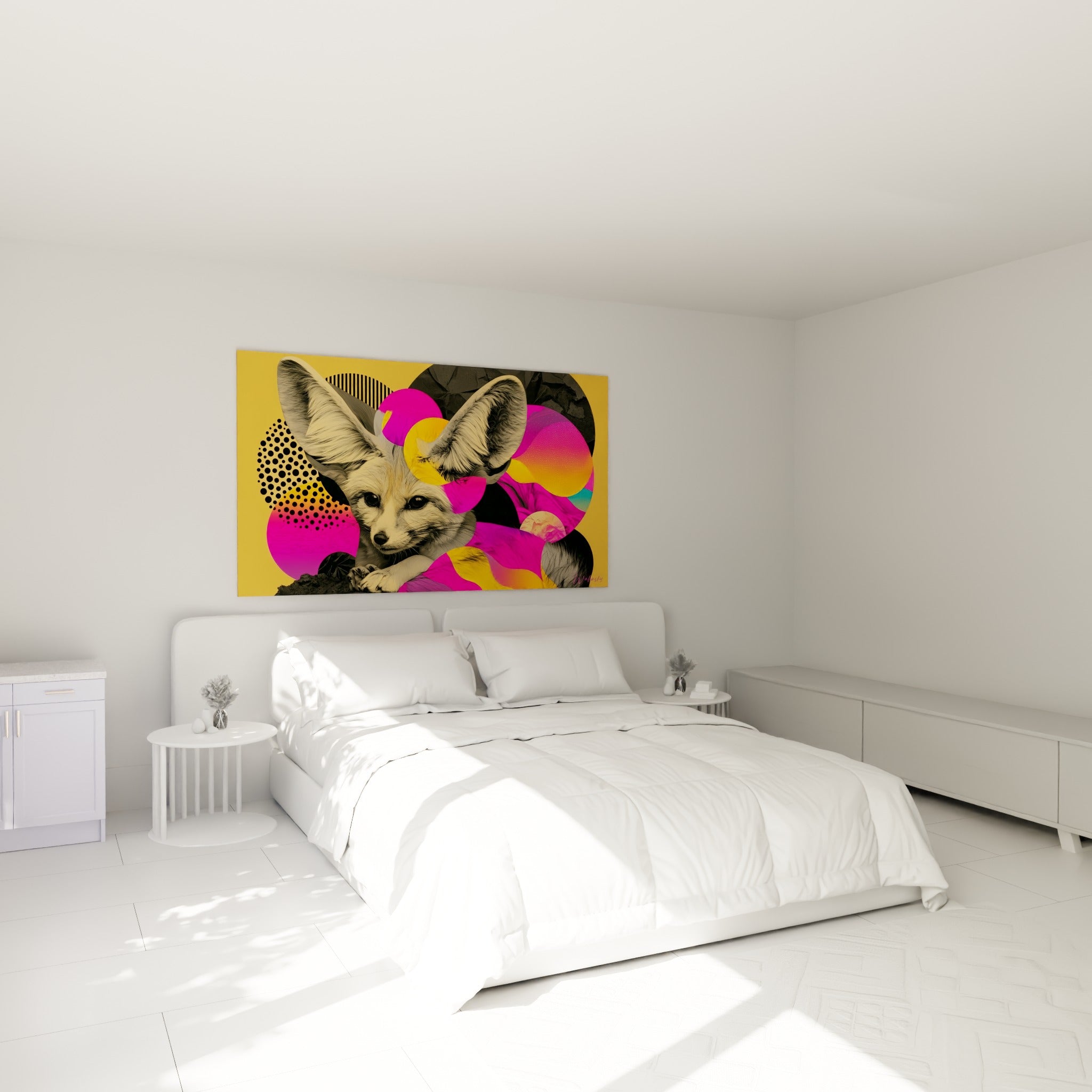 Jeune fennec regardant fixement parmi des formes fuchsia et jaunes, au-dessus d'un lit dans une chambre claire