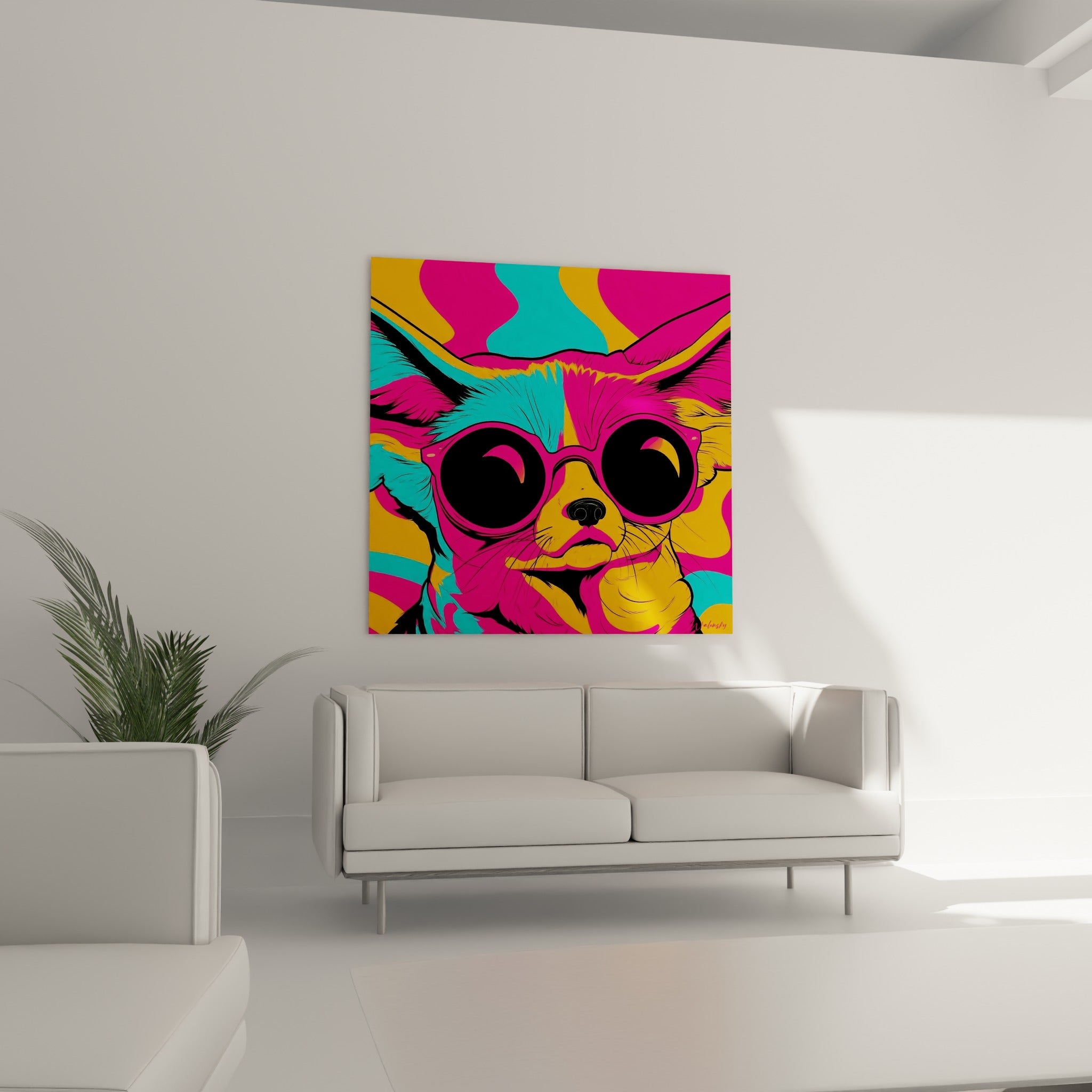 Regard masqué du fennec pop art en rose et orangé au-dessus d'un canapé dans un salon lumineux