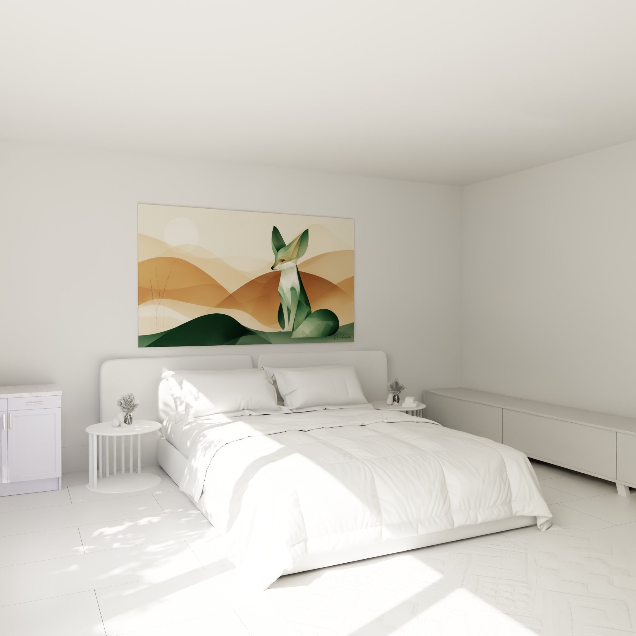 Silhouette de fennec vert sauge et beige accrochée au-dessus d'un lit dans une chambre claire