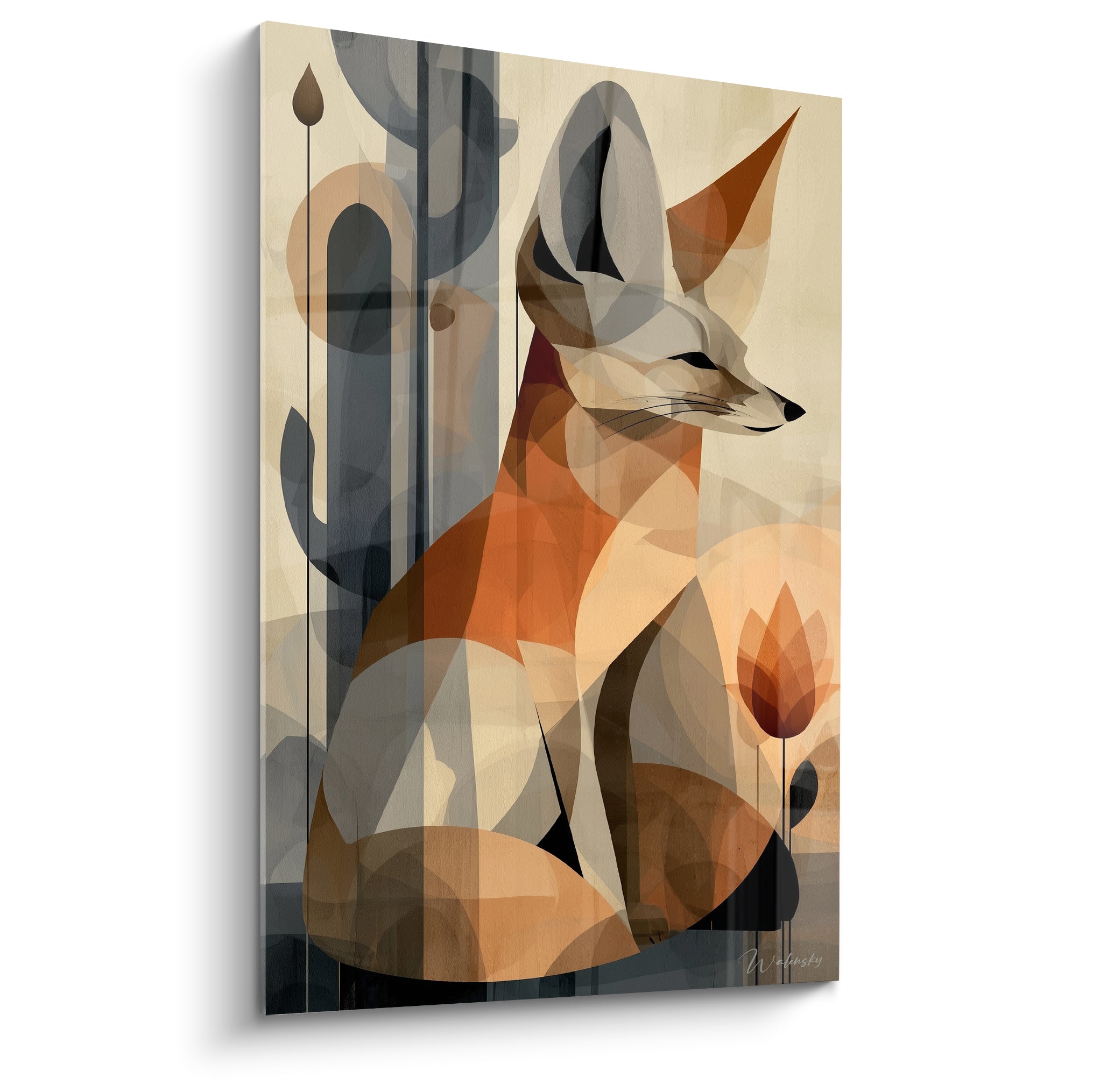 Fennec géométrique ocre et gris assis de profil, oreilles dressées, style graphique épuré