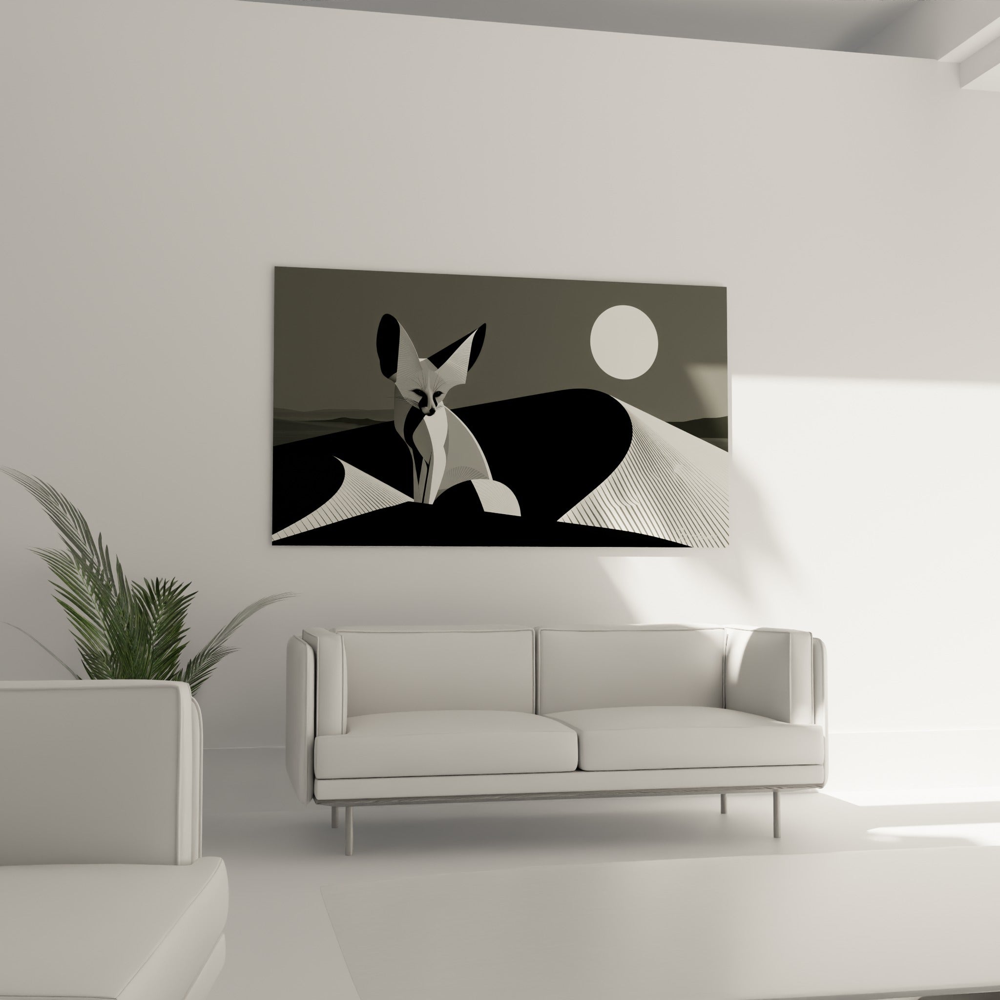 Regard du fennec gris et noir fixé vers l'avant, au-dessus d'un canapé dans un salon lumineux