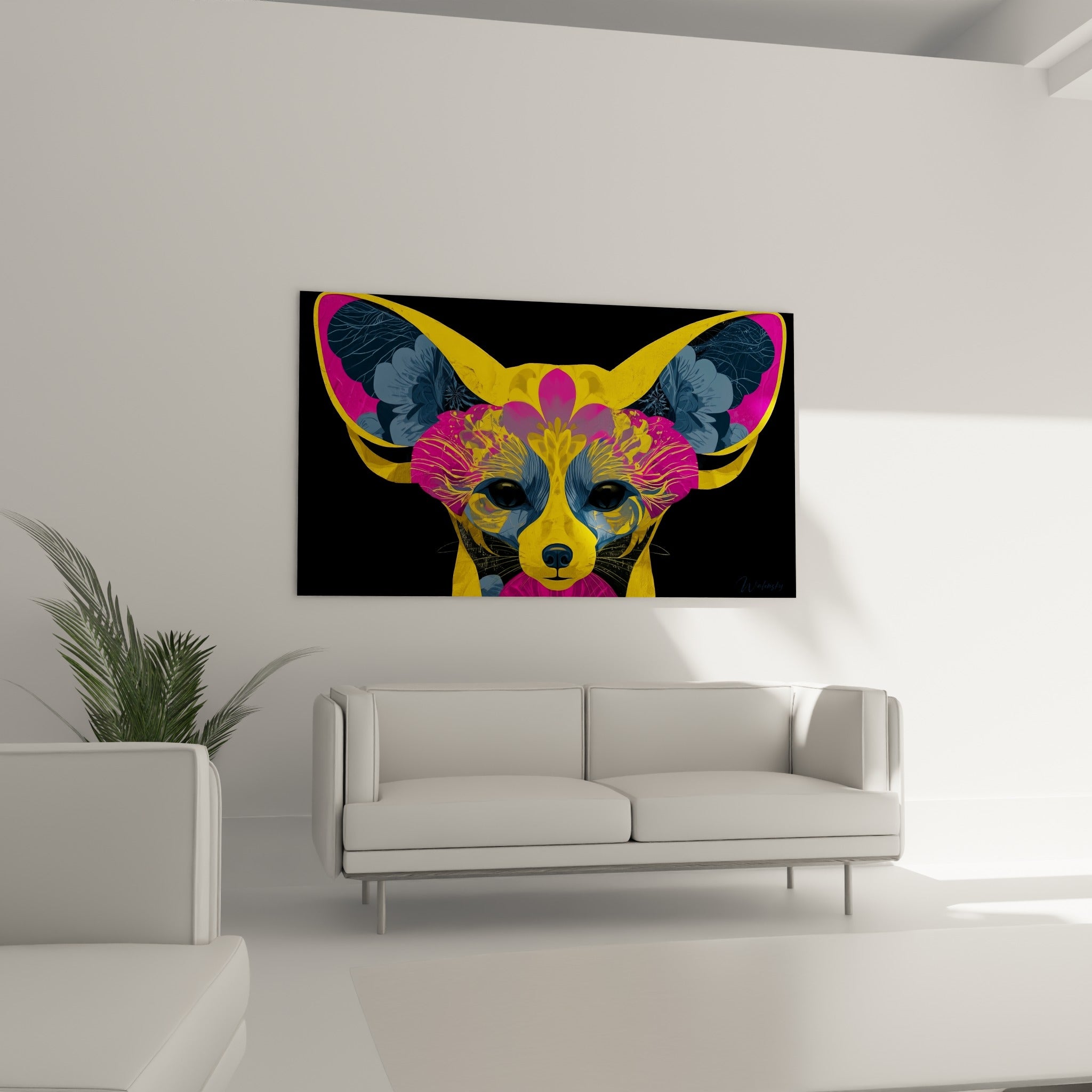 Visage graphique du fennec doré et fuchsia positionné au-dessus d'un canapé dans un salon lumineux