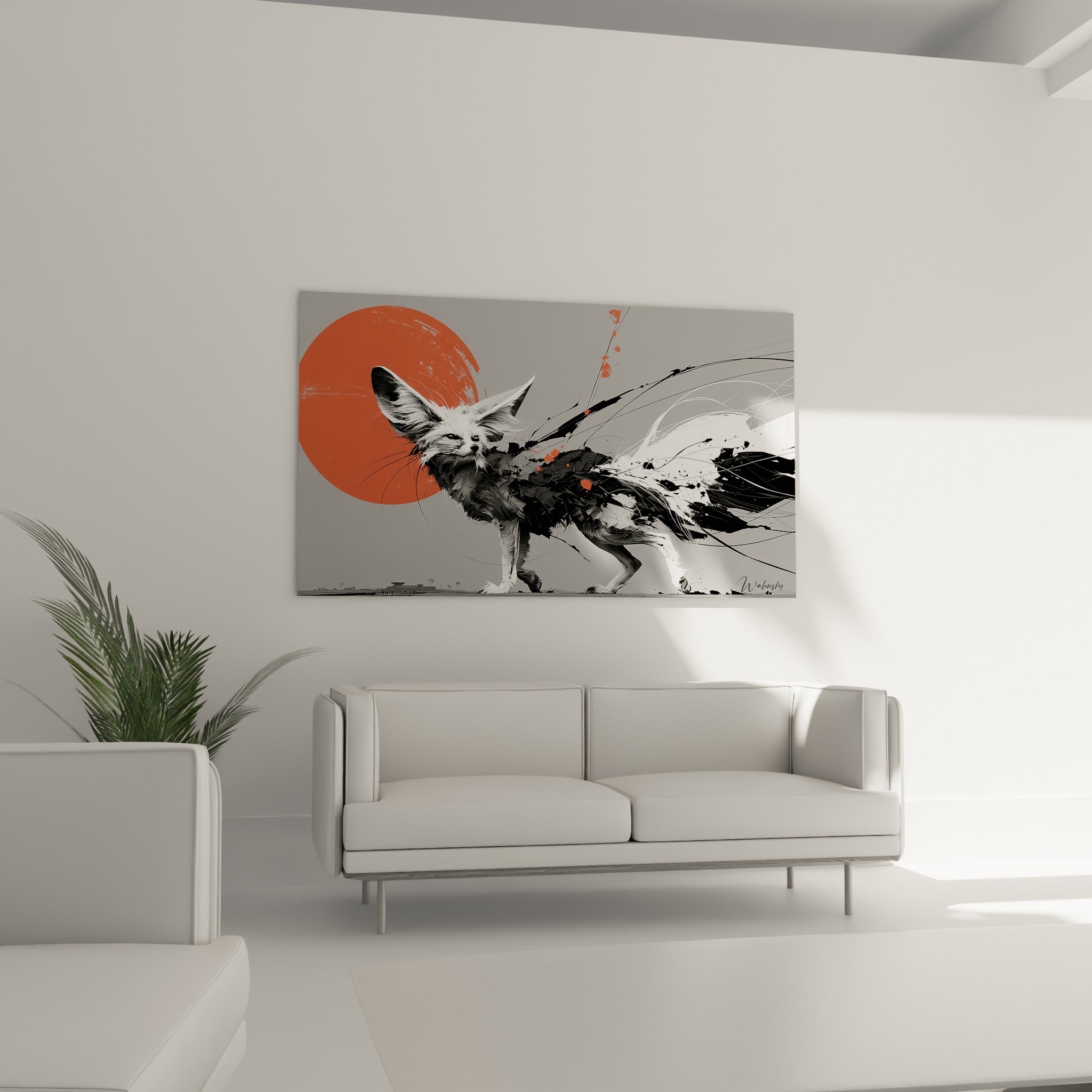 Renard des sables blanc et noir traversant un fond gris au-dessus d'un canapé dans un salon lumineux