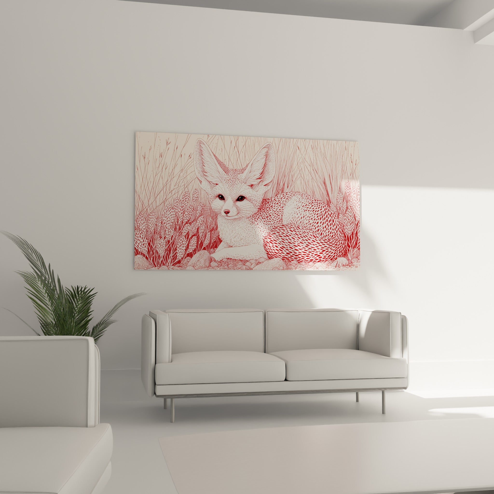 Fennec tapi dans la végétation, tons terracotta et ivoire, placé au-dessus d'un canapé dans un salon lumineux