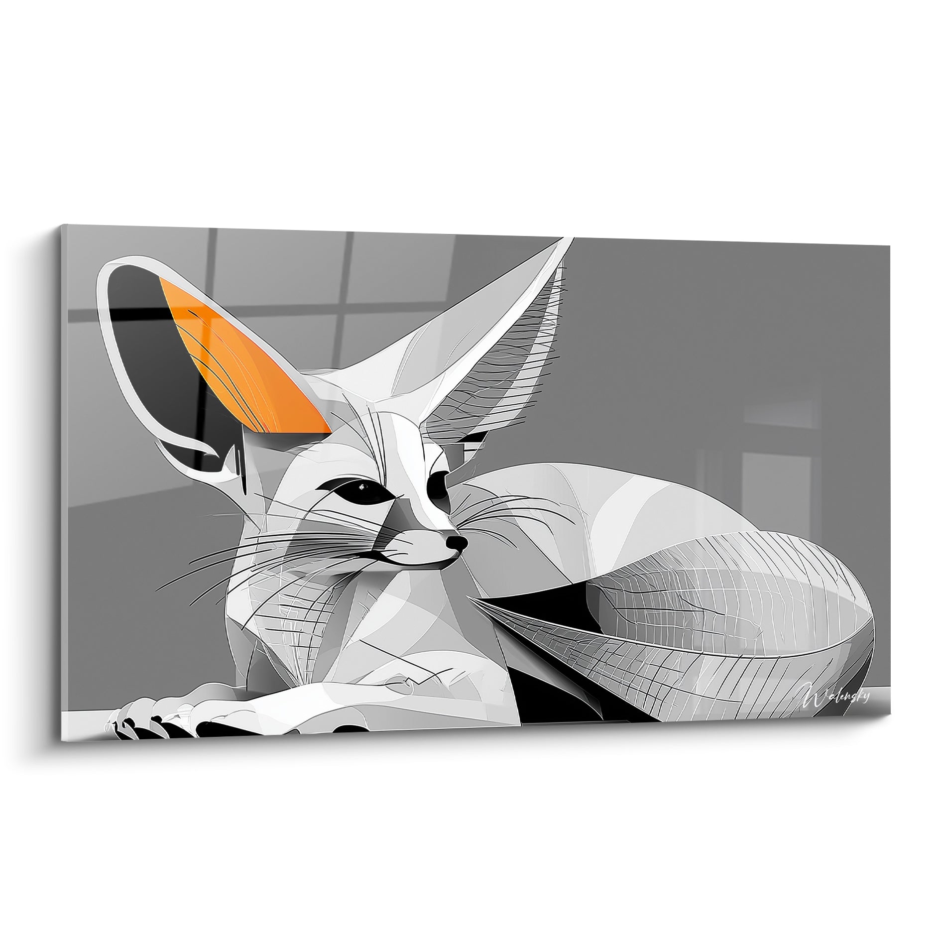 Fennec allongé aux oreilles dressées, pelage gris graphique et touche orangée vive, style illustration
