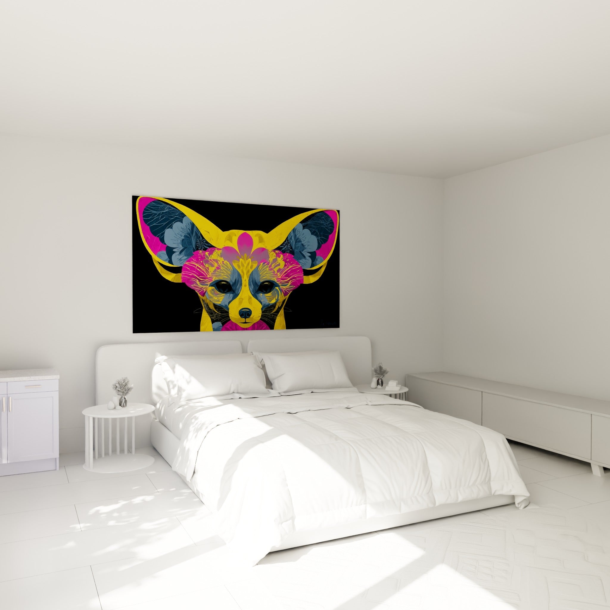 Regard intense du fennec jaune et rose accroché au-dessus d'un lit dans une chambre claire