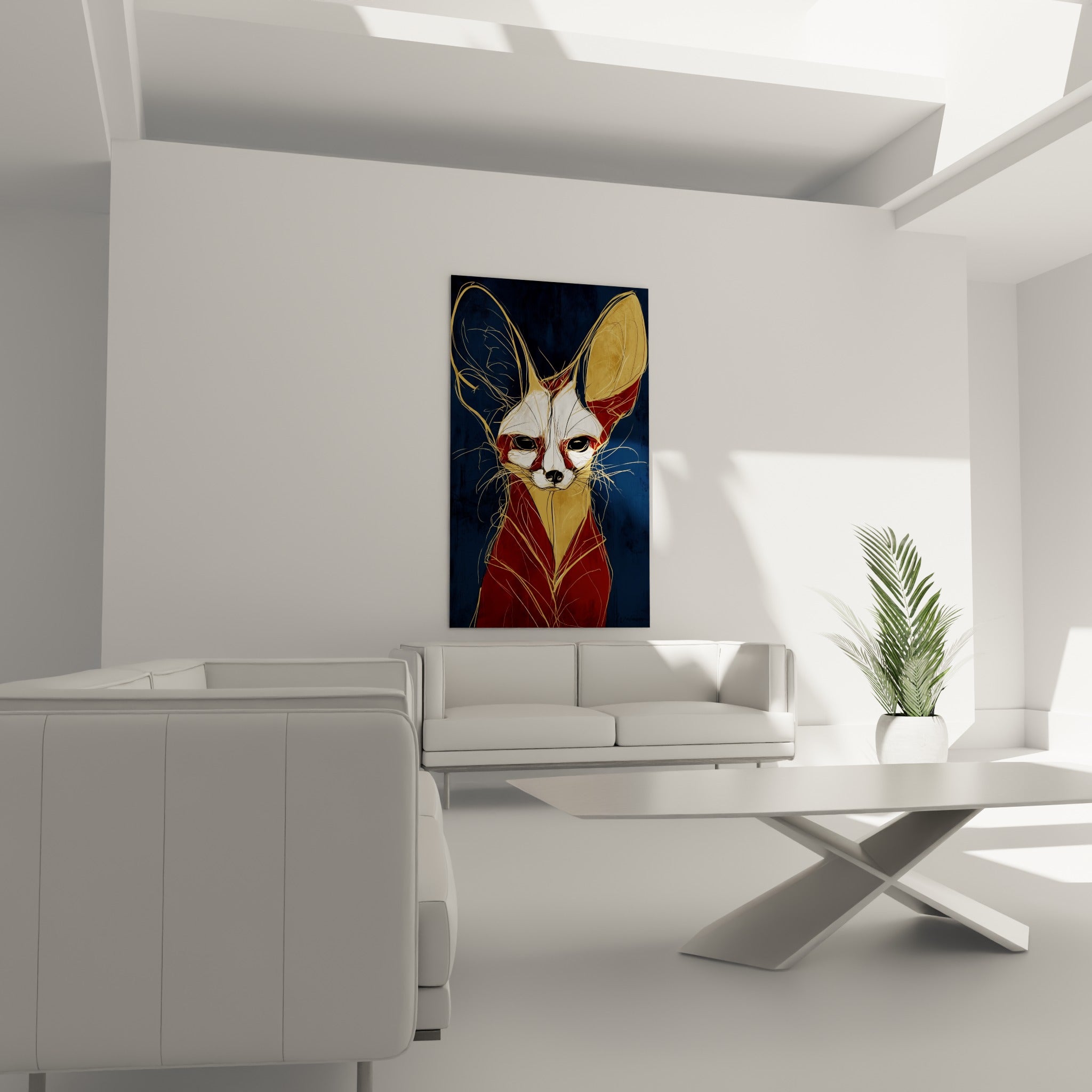 Grandes oreilles dorées du Fennec sur fond bleu profond, au-dessus d'un canapé dans un salon lumineux