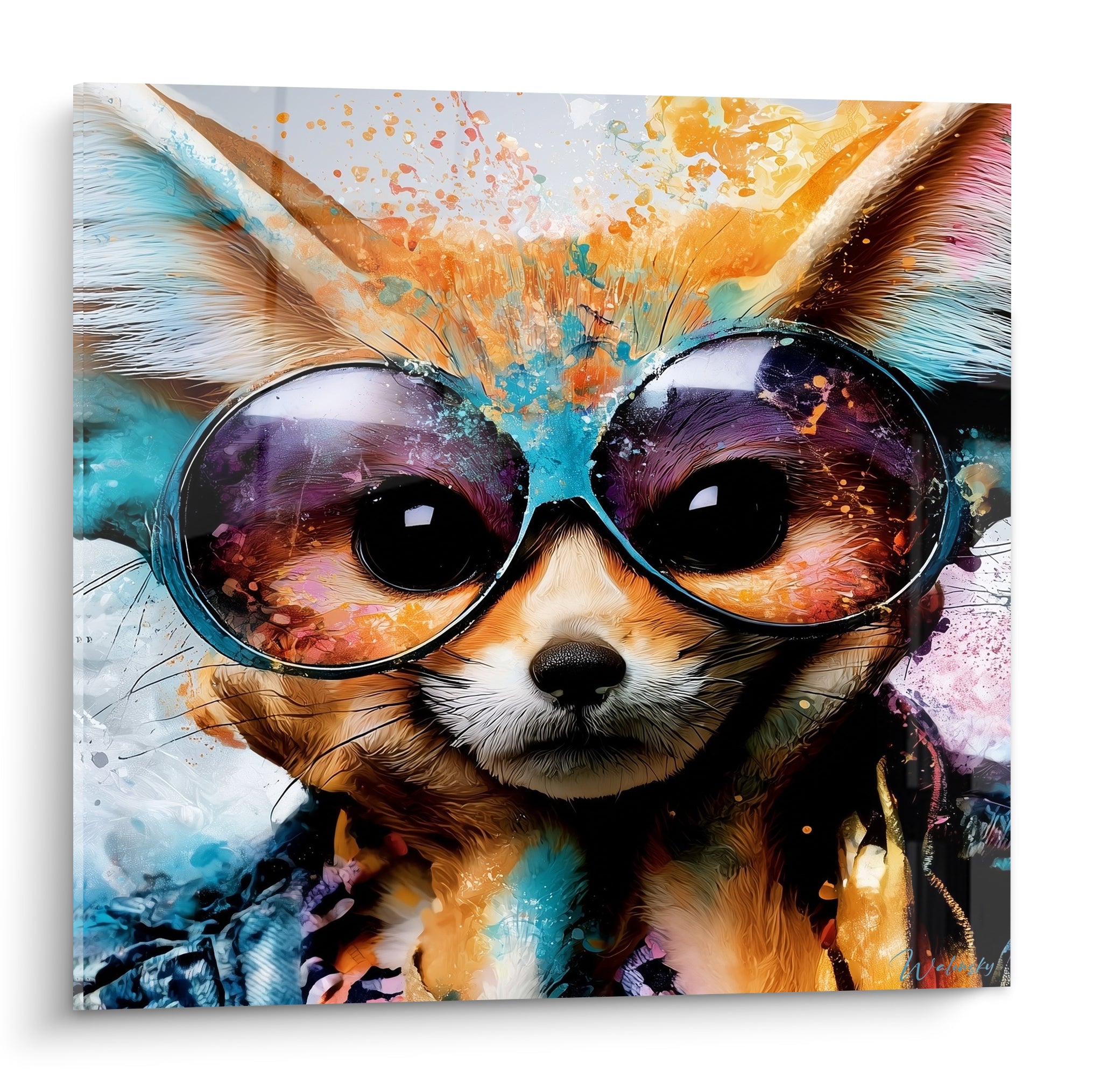 Fennec aux lunettes rondes turquoise et fourrure orangée éclaboussée de peinture colorée