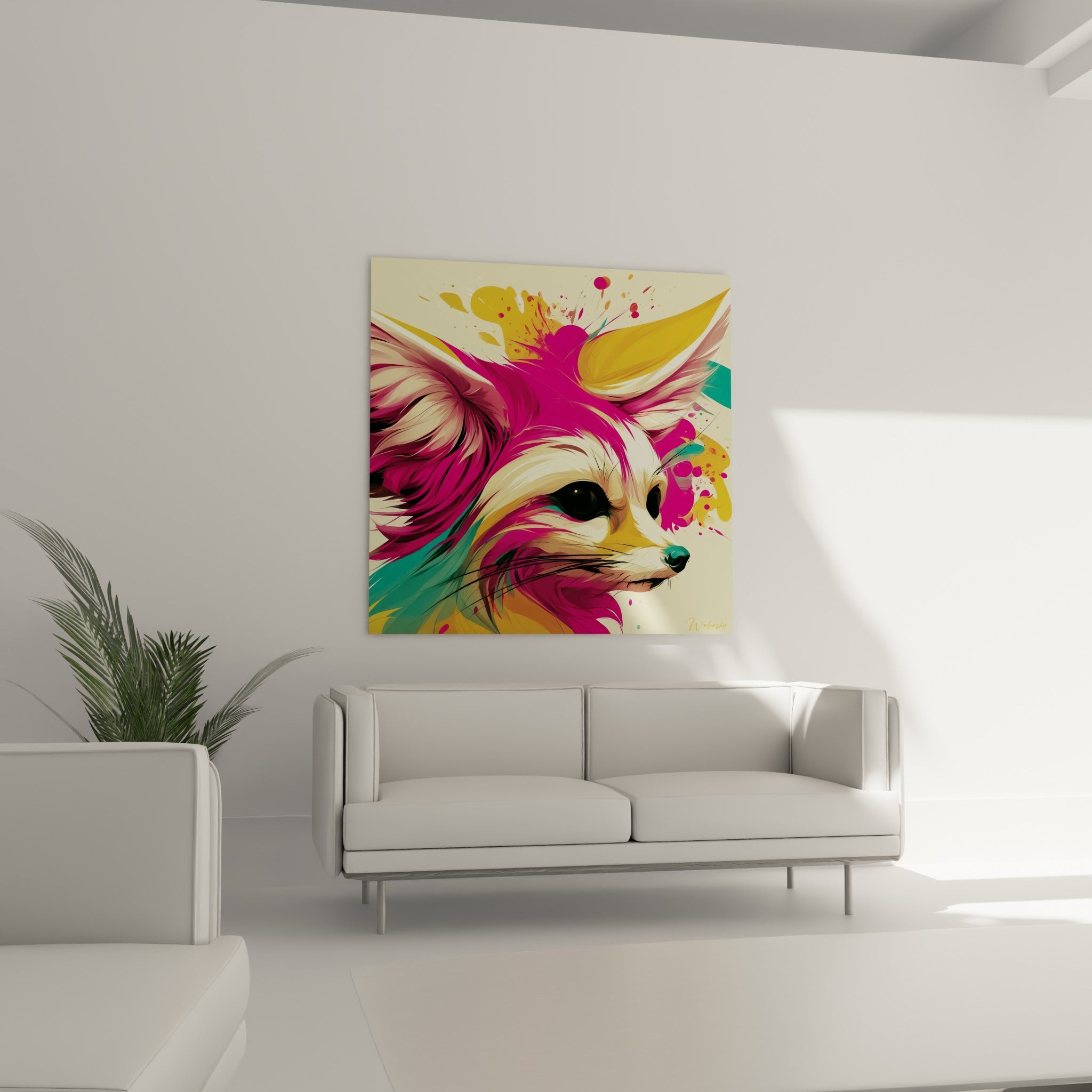 Fennec aux couleurs magenta et dorées accroché au-dessus d'un canapé dans un salon lumineux