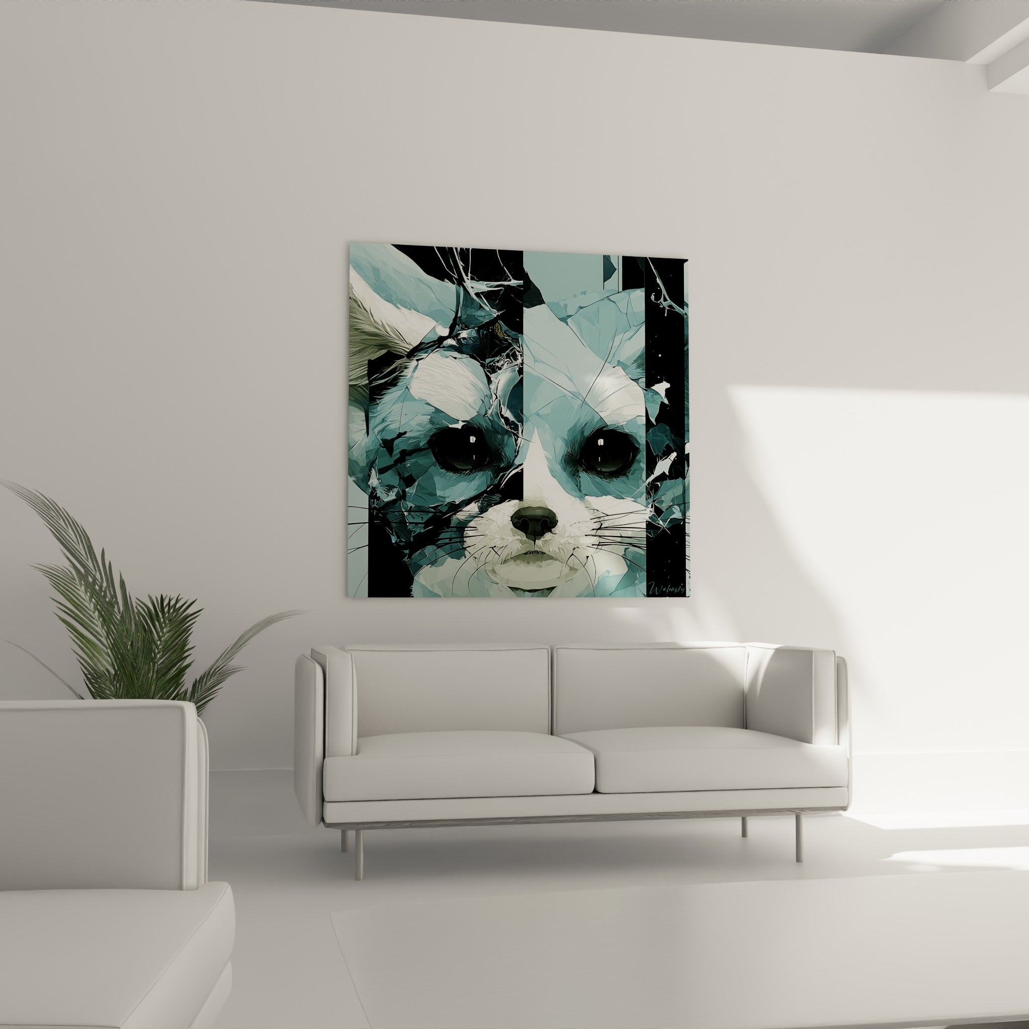 Fennec aux yeux perçants, mosaïque bleu glacier et anthracite, au-dessus d'un canapé dans un salon lumineux