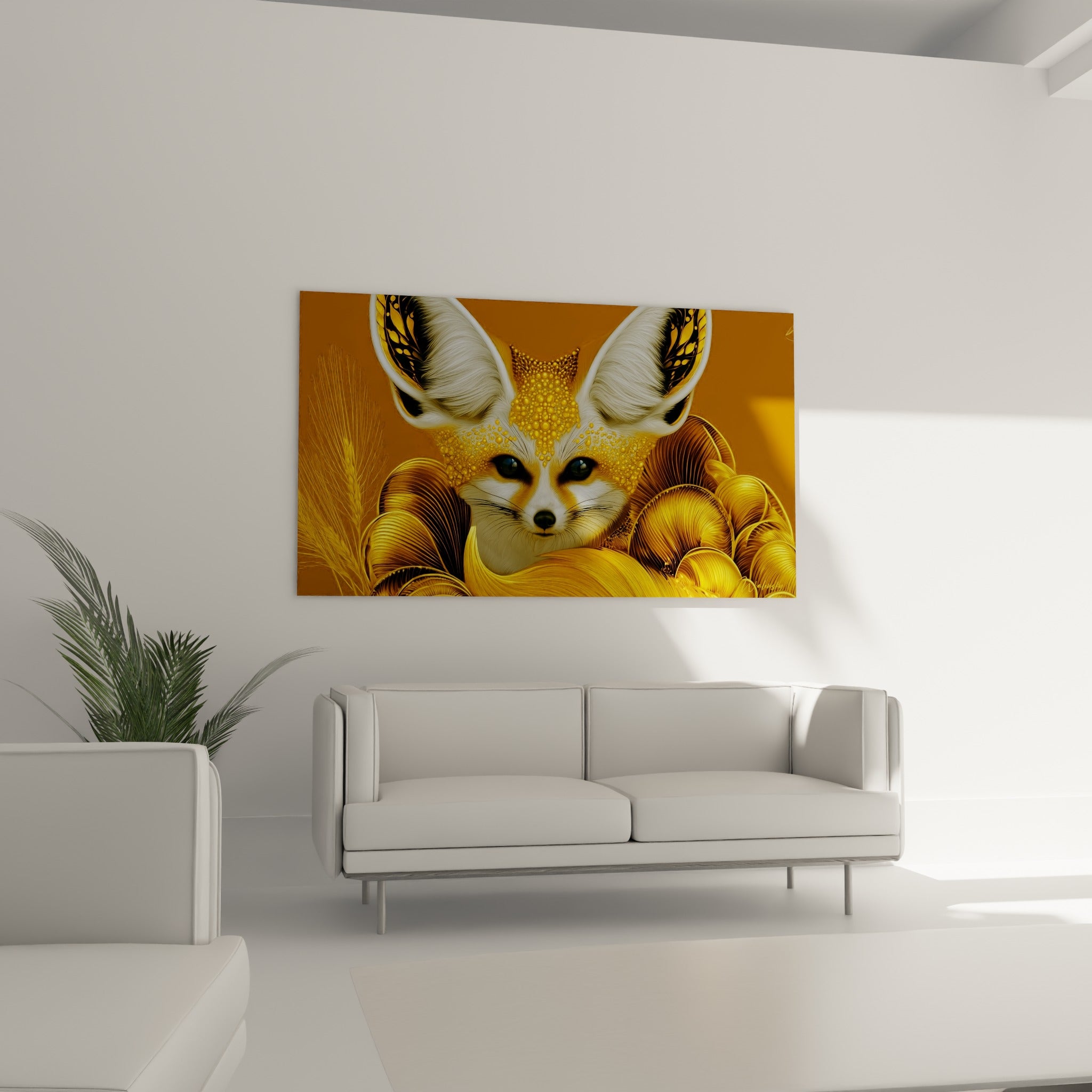 Visage de fennec paré de perles dorées et de fourrure crème, suspendu au-dessus d'un canapé dans un salon lumineux