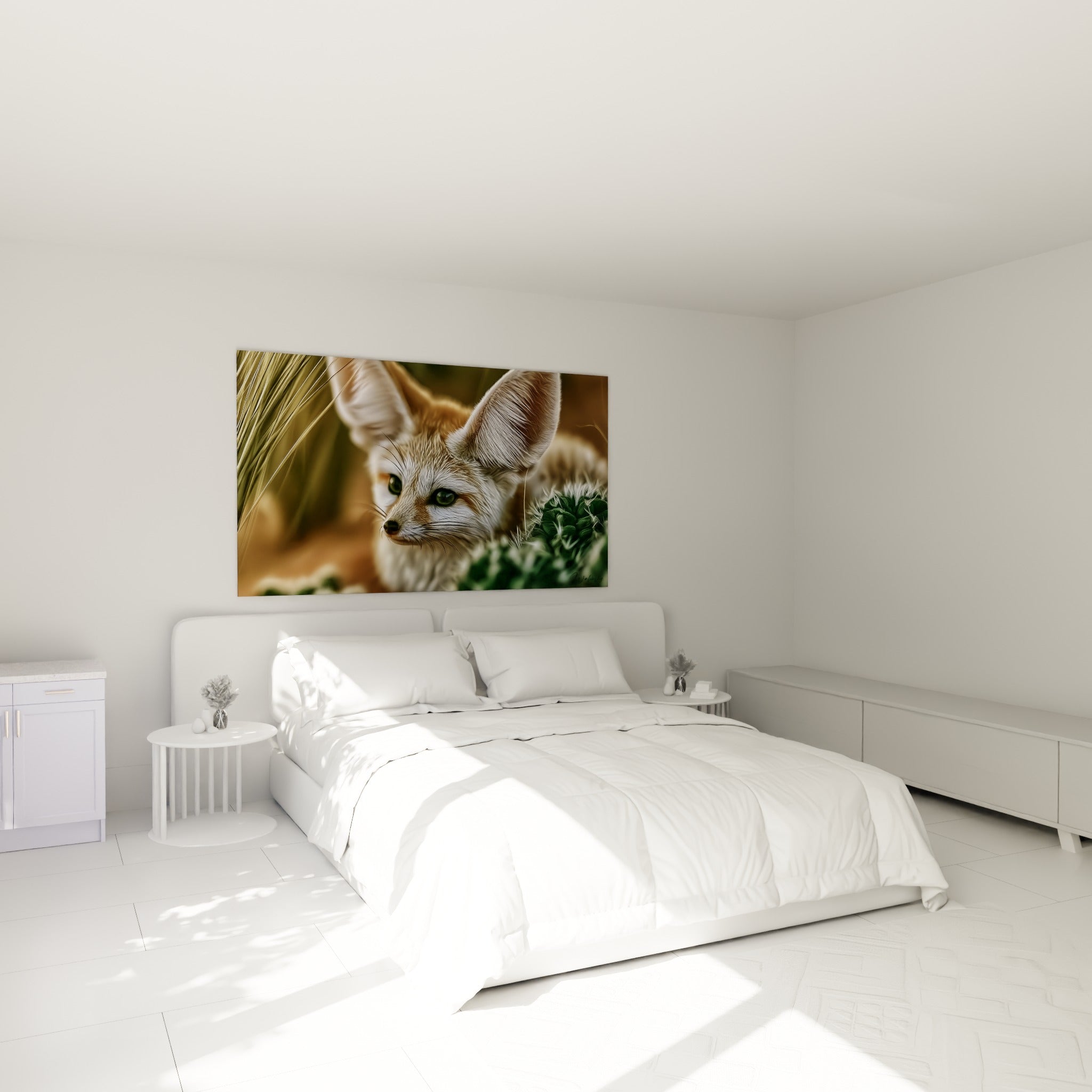 Museau fin du fennec ocre et vert accroché au-dessus d'un lit dans une chambre claire