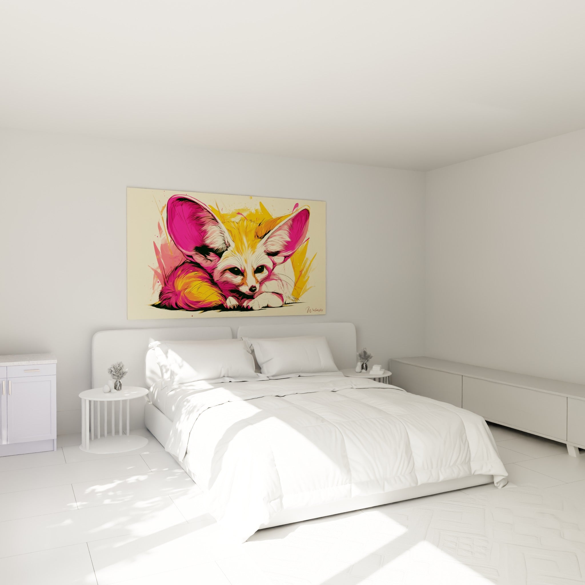 Museau attentif du fennec rose et doré, au-dessus d'un lit dans une chambre claire