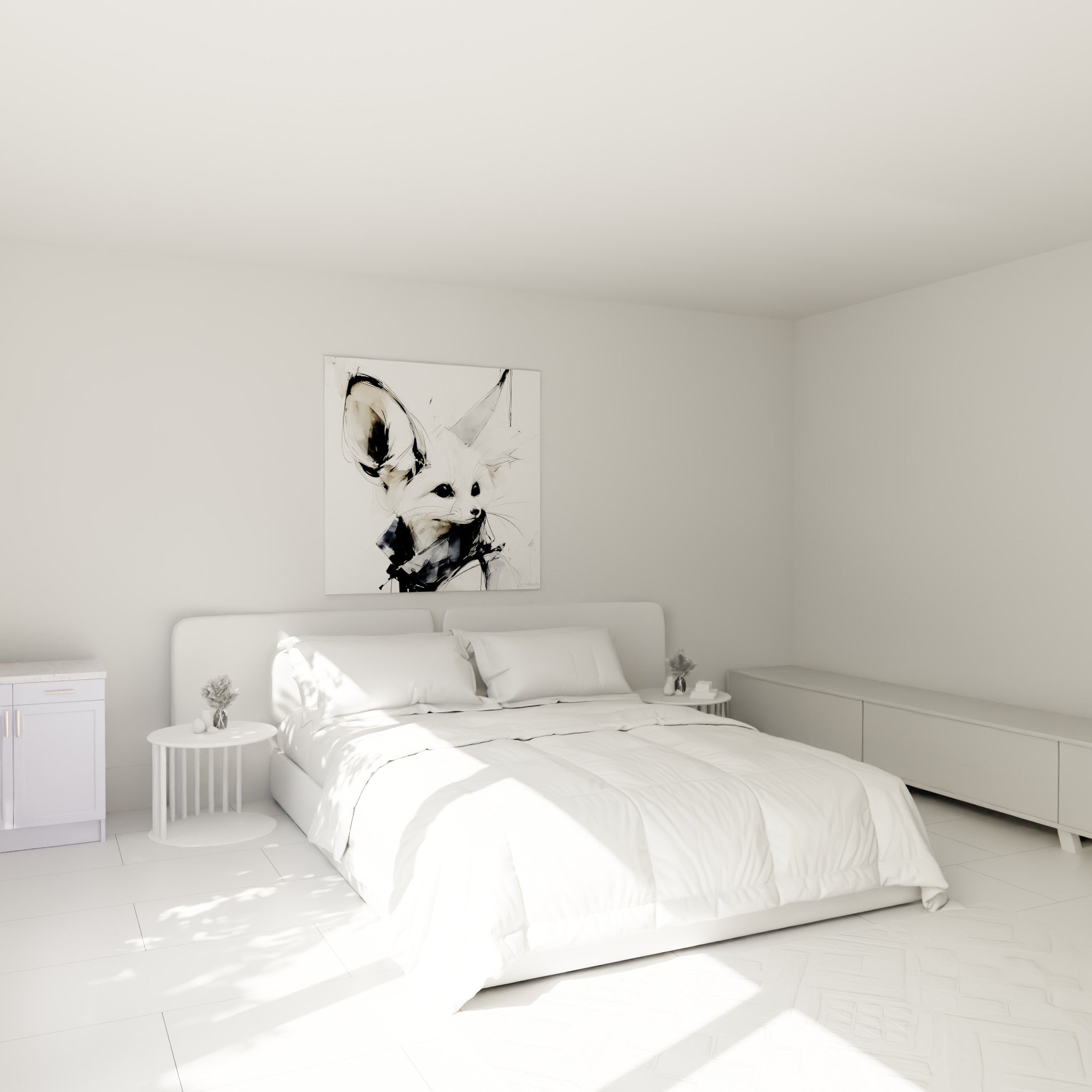 Portrait de fennec en camaïeu blanc et anthracite, accroché au-dessus d'un lit dans une chambre claire