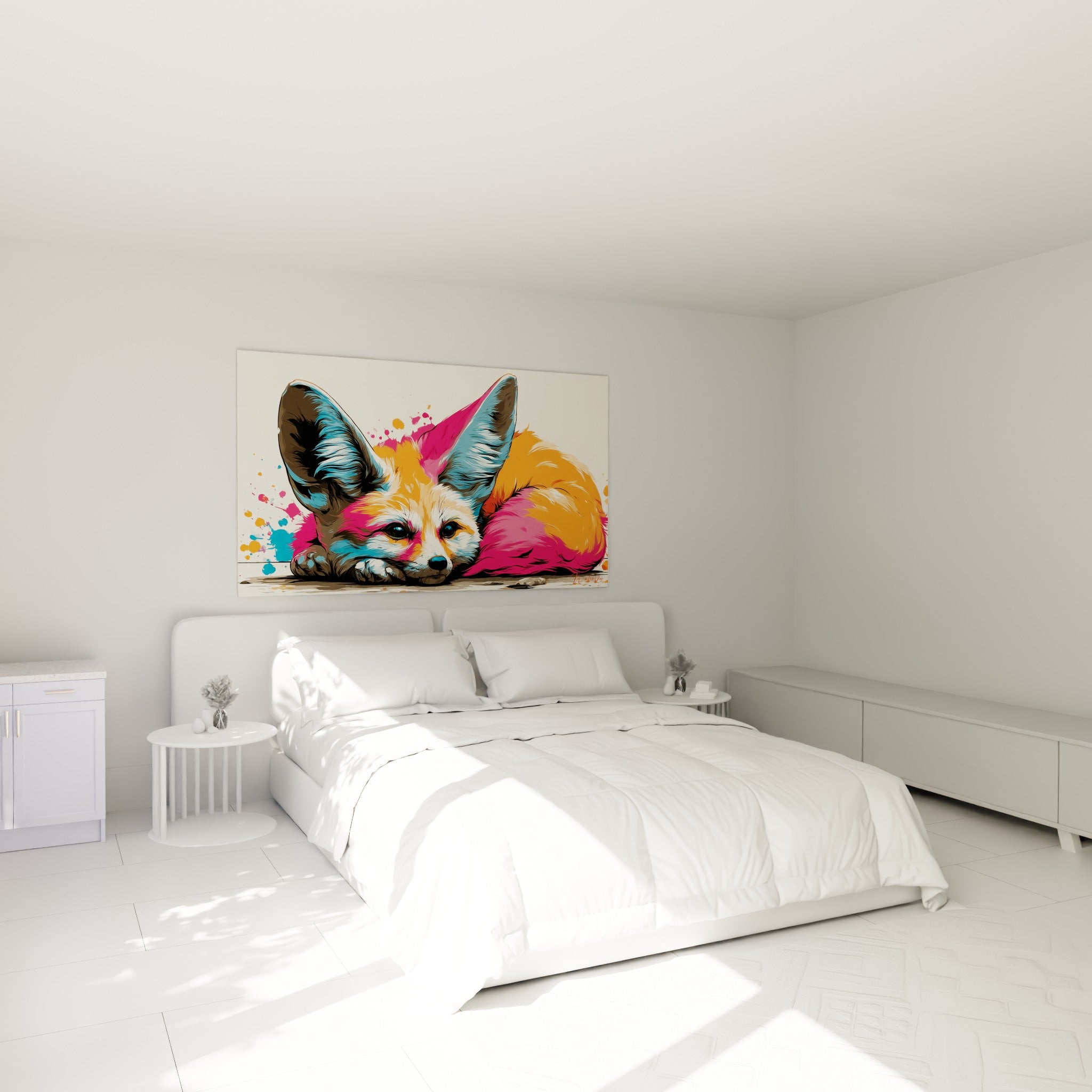 Museau blanc et regard sombre du fennec orange et rose, accroché au-dessus d'un lit dans une chambre claire