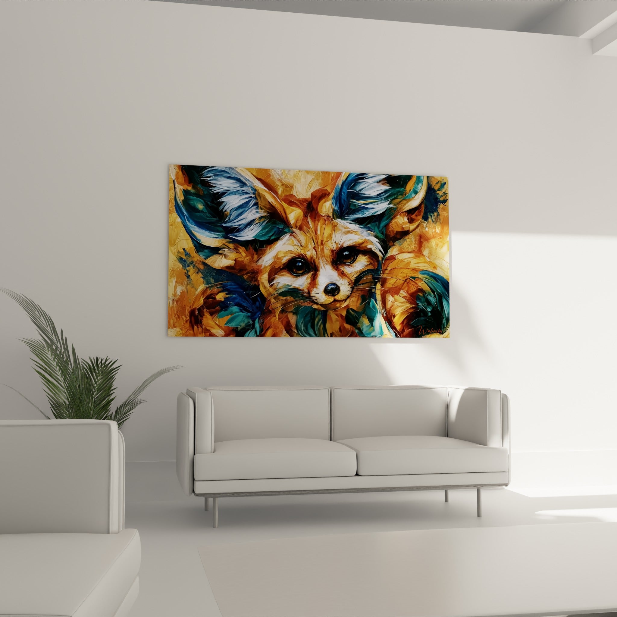 Museau blanc et oreilles turquoise du fennec suspendus au-dessus d'un canapé dans un salon lumineux