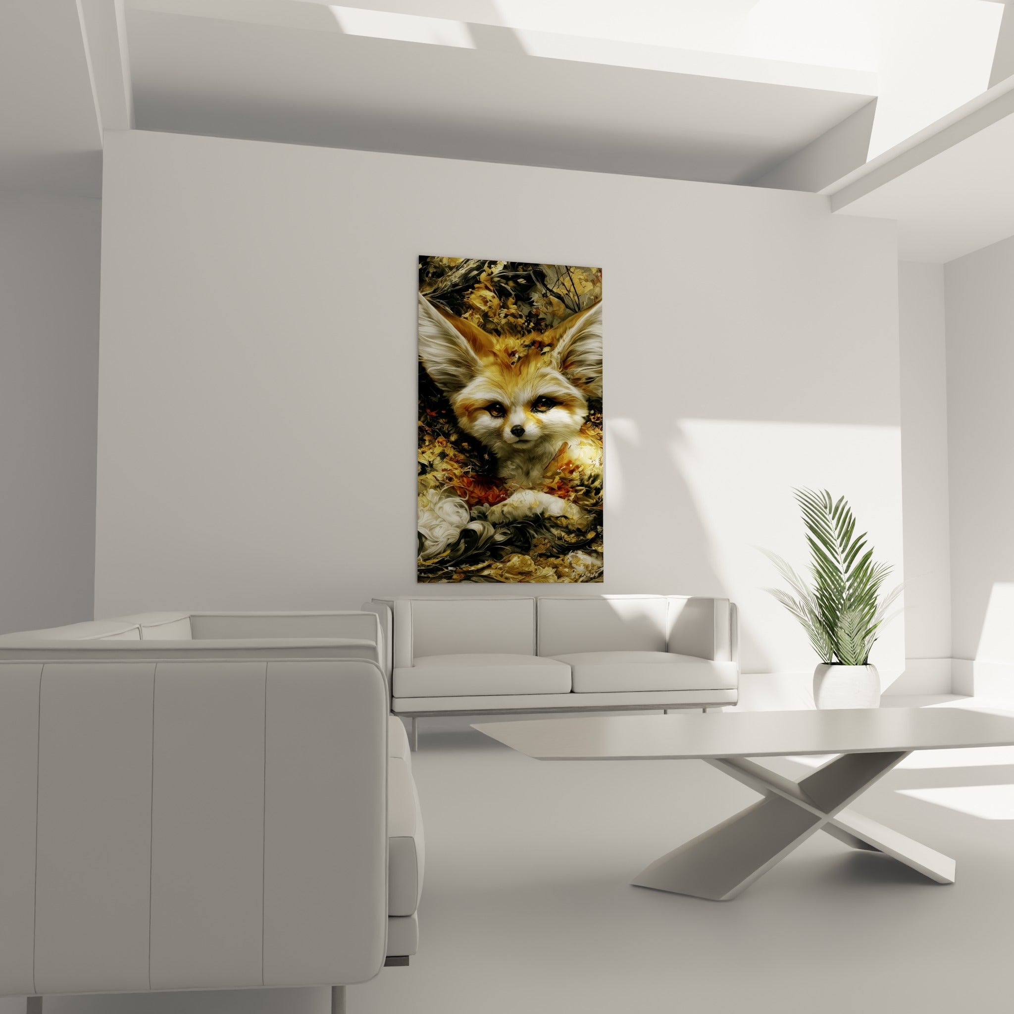 Yeux ambrés et museau blanc du fennec doré, tableau au-dessus d'un canapé dans un salon lumineux