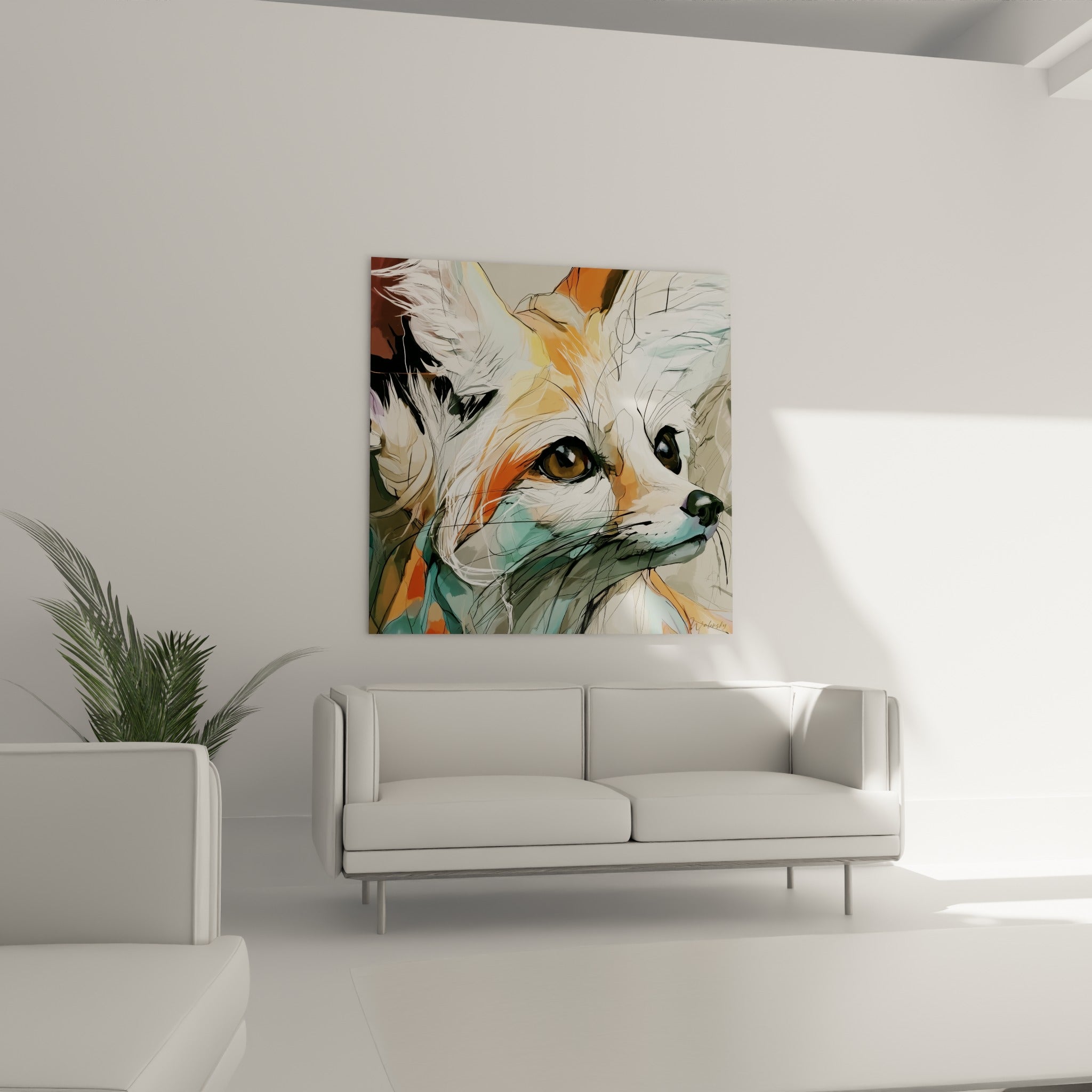 Fennec au museau blanc et yeux ambrés intenses, suspendu au-dessus d'un canapé dans un salon lumineux