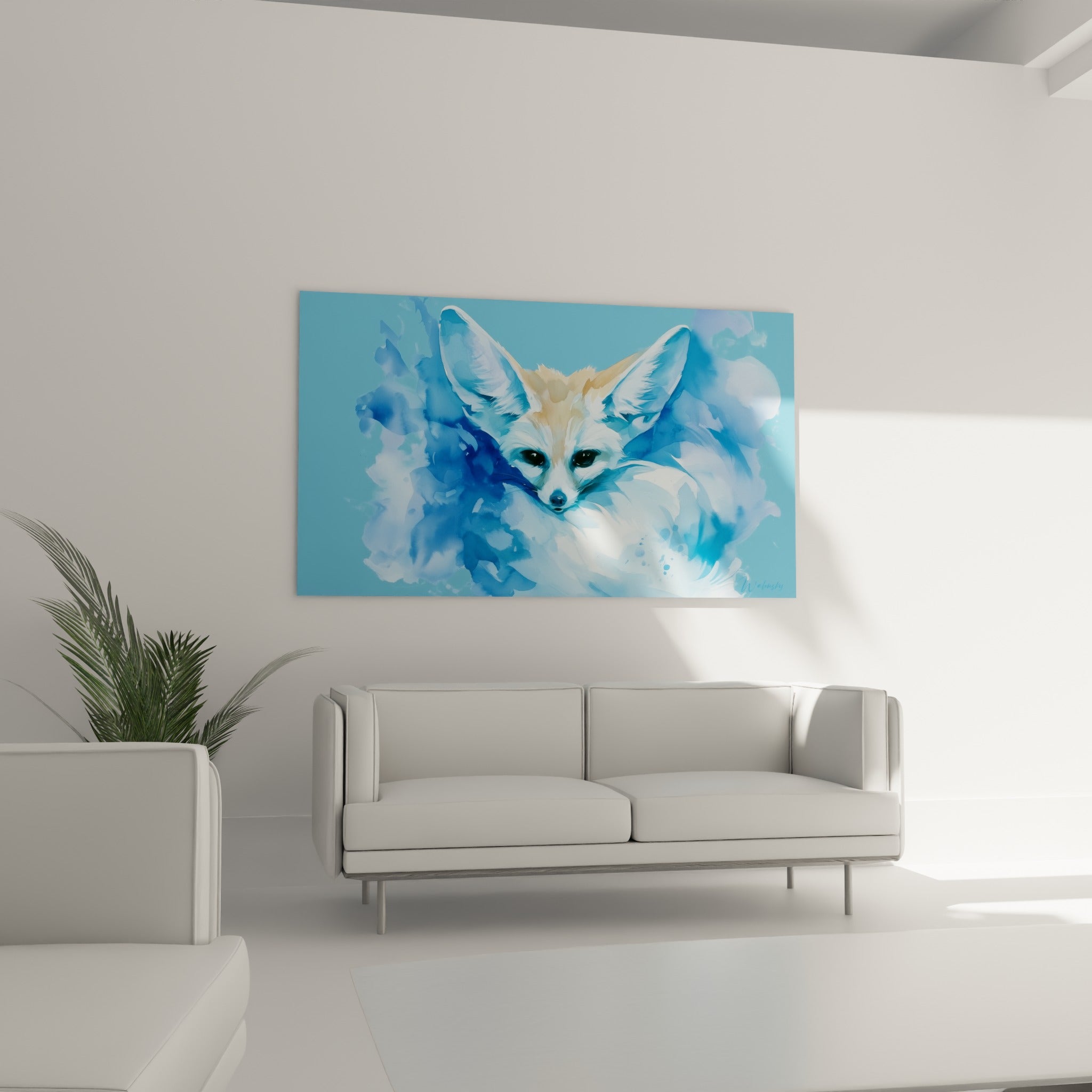 Museau délicat du fennec, tons bleu ciel et blanc immaculé, au-dessus d'un canapé dans un salon lumineux