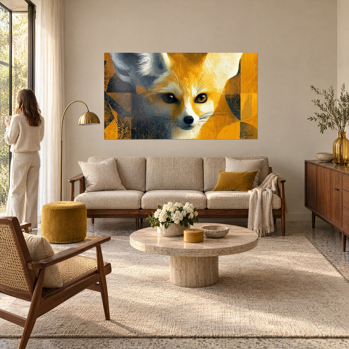 Wall art desert fox with large white ears, ochre and navy blue background, woman seen from behind, above a sofa in a bright living room