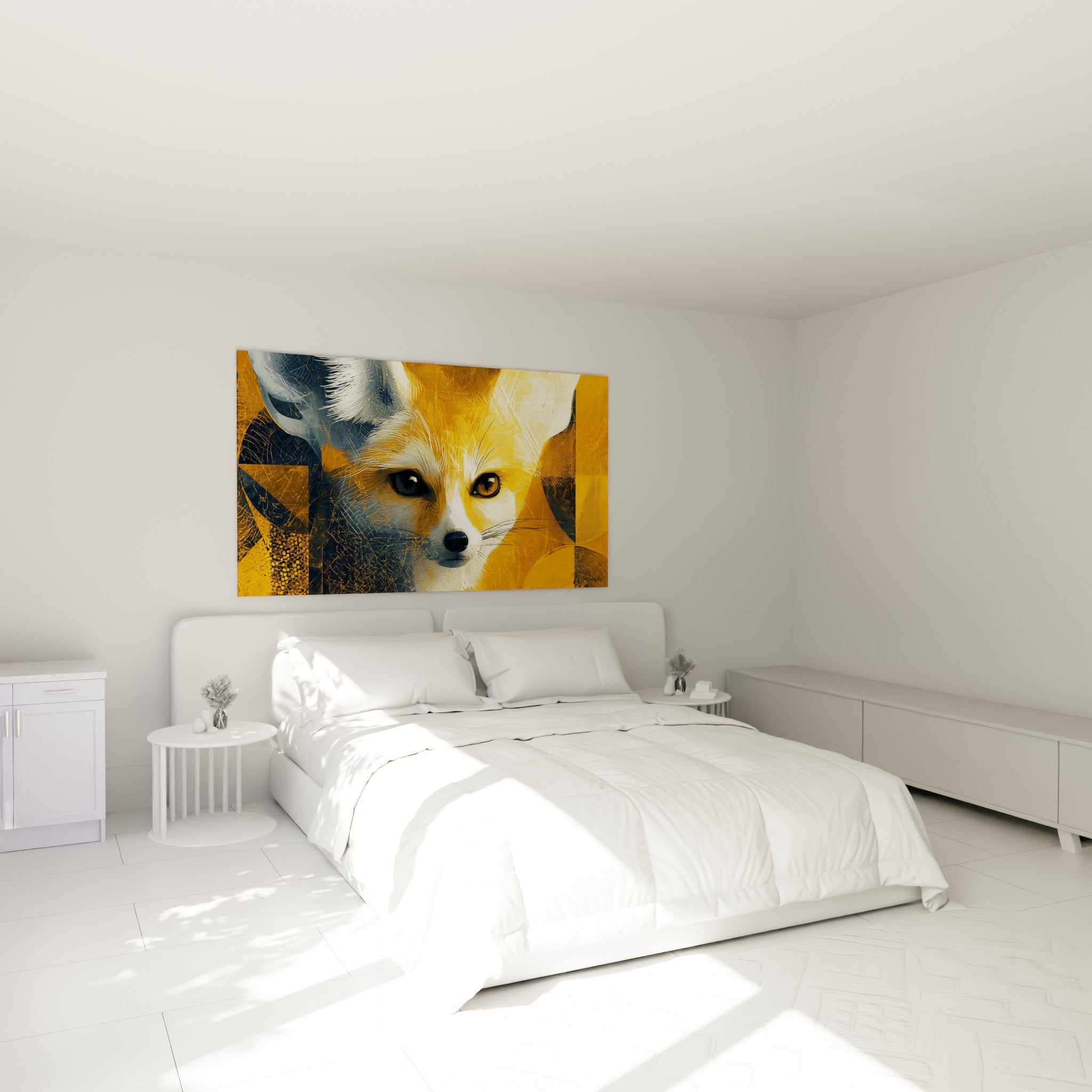 Museau du fennec doré et blanc, yeux intenses, au-dessus d'un lit dans une chambre claire